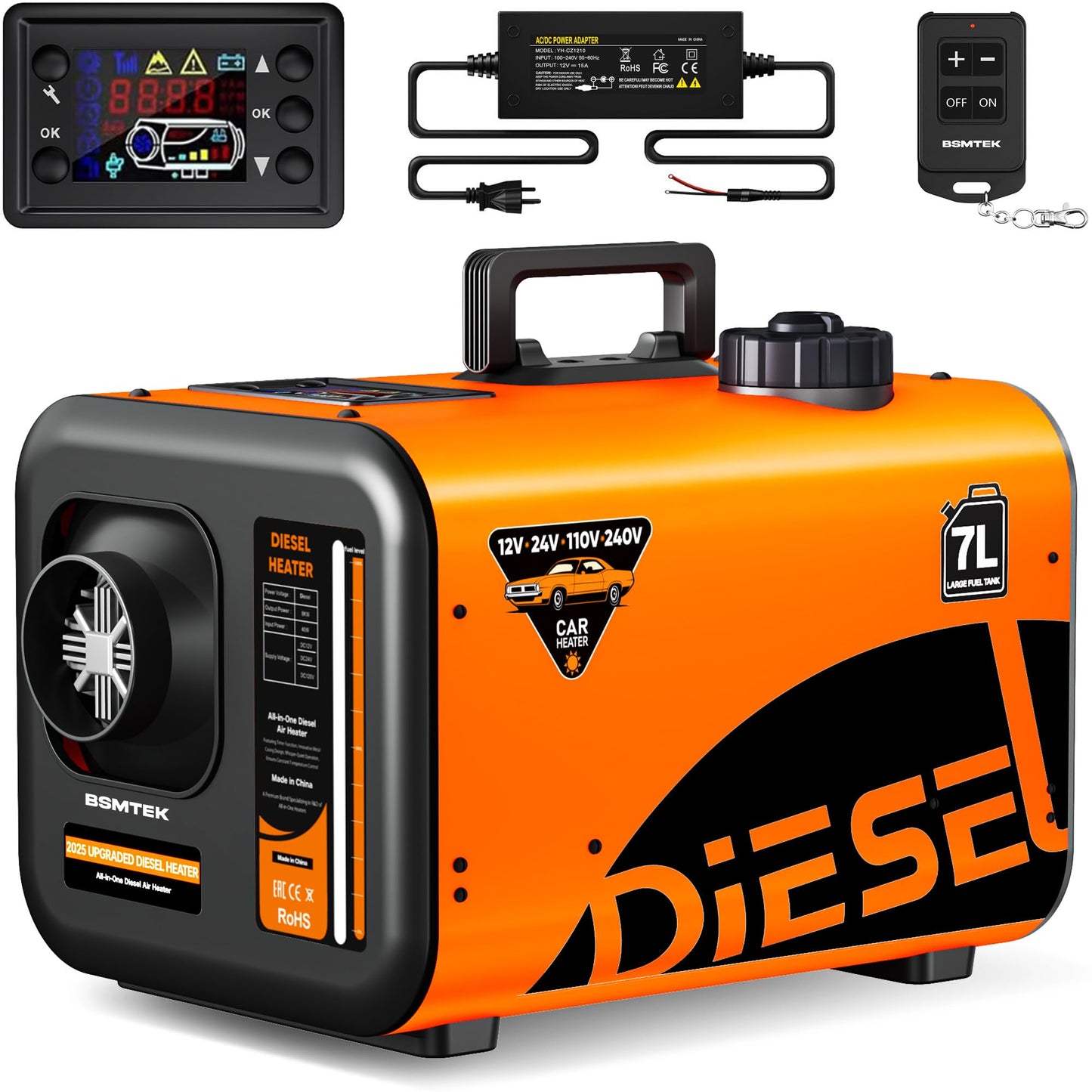 7L Large Diesel Heater, 8KW 240V/110V/12V/24V All in One Diesel Air Heater with LCD Switch, Remote Control, Suitable for Truck, RV, Home, Car, Campers, Boat, Orange