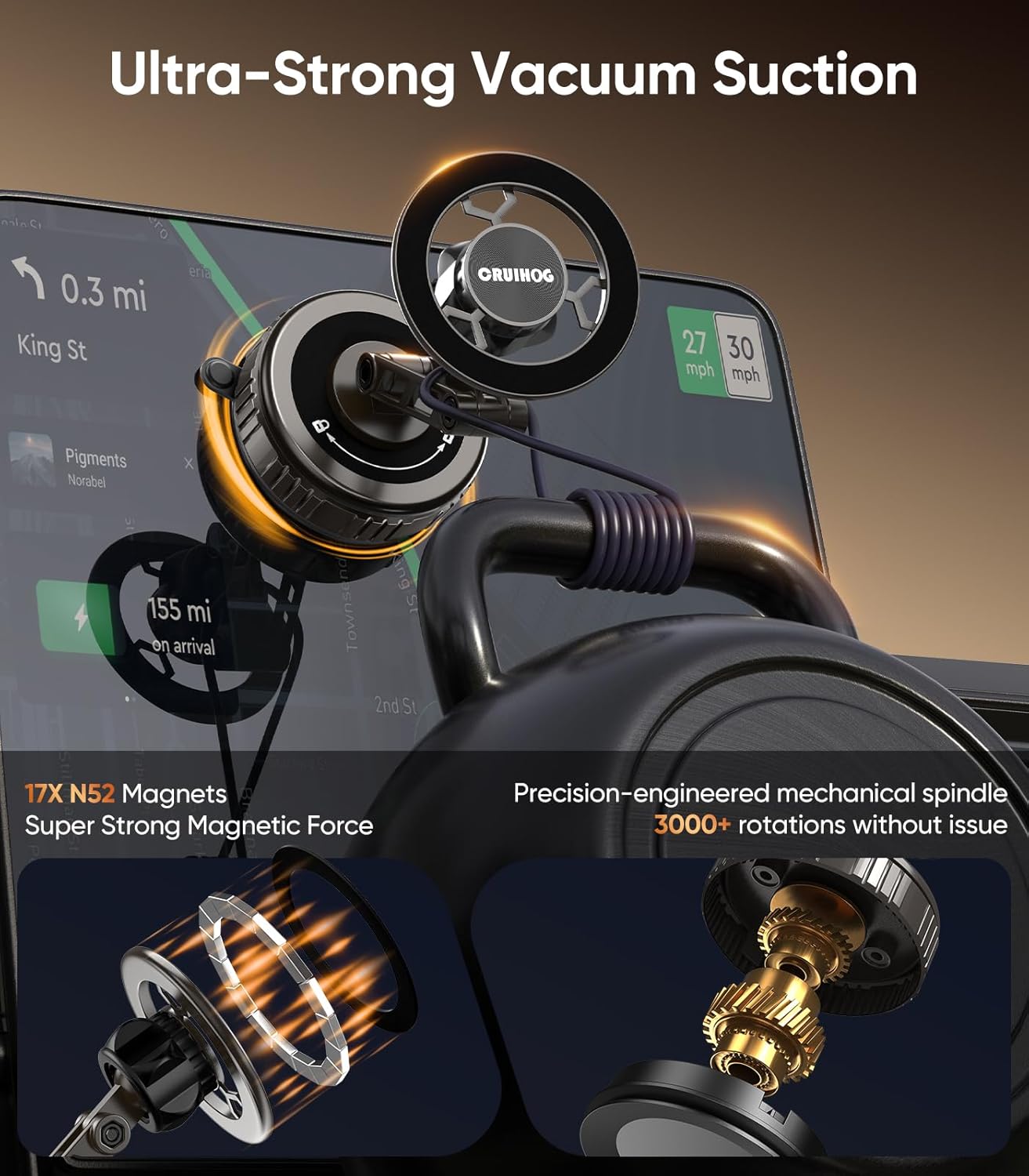 CRUIHOG Holder,3-AXIS 360 Car Phone Telescopic Arm Magnetic Phone Mount, Rotatable & Adjustable & Foldable Vacuum