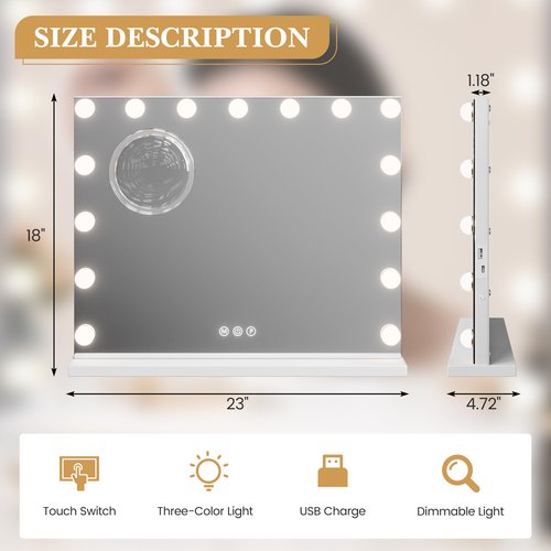 GAOMON Vanity Mirror with Lights, Lighted Mirror with 15 Dimmable LED Bulbs, Makeup Mirror with 3X Magnification, 3 Colors Modes,Touch Control, Metal Frame,White
