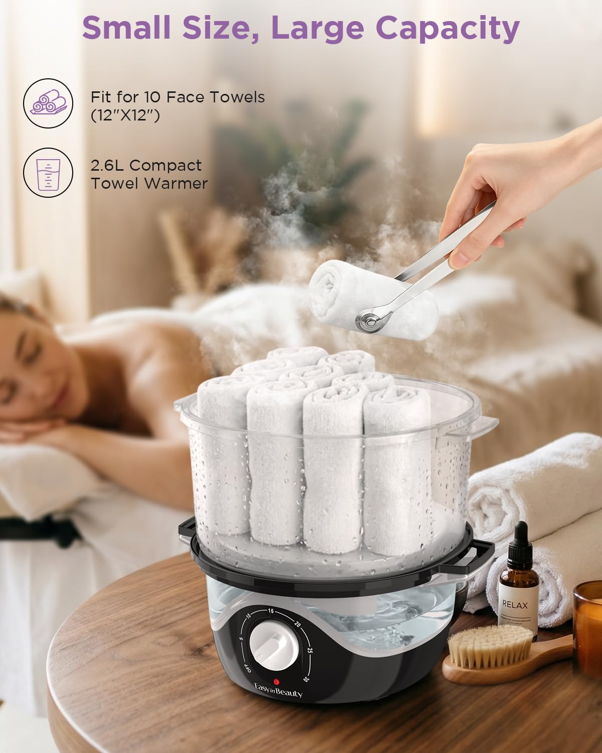 EASYINBEAUTY Hot Towel Warmer for Spa, 2.6L Small Towel Warmer with Transparent Water Tank, Rapid Heating Towel Steamer for Facial, Massage and Salon