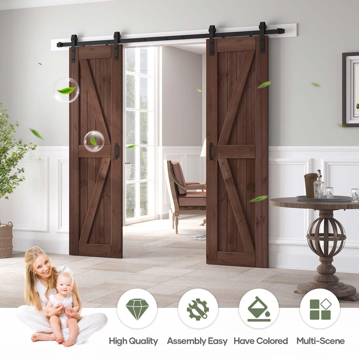 ROYMELO 48x84 inch (Double 24×84 inch Door) Sliding Barn Wood Door Slab with 8ft Hardware Kit and Handle, Coffee, K Shape, Simple DIY Assembly