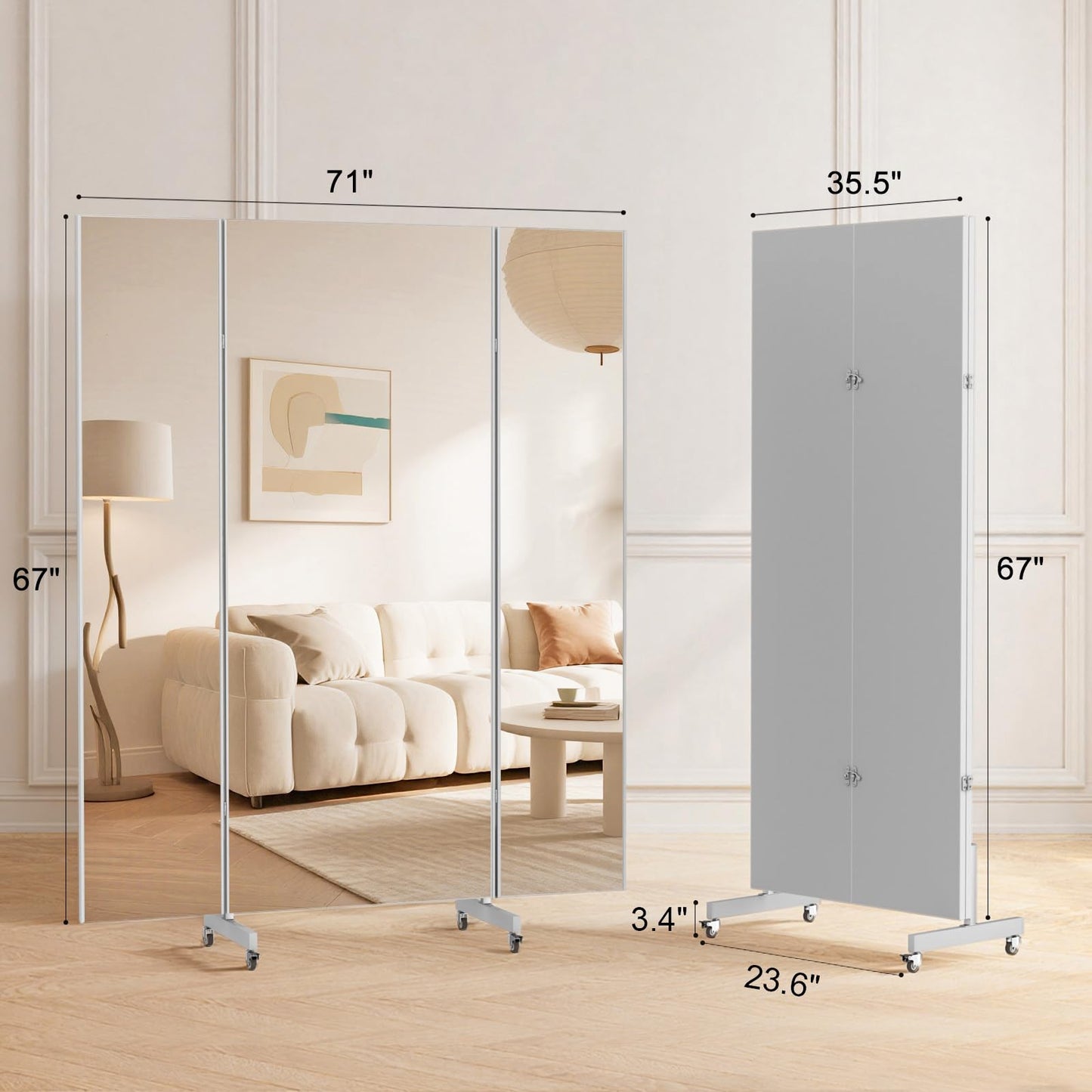 brisafe 71"x67" Folding Mirror with Wheels, 3-Panel Full Length Wall Mirror, Space-Saving Design, Shatterproof Nano Material, Portable Floor Mirror for Gym, Dance Studio, Home, Commercial Use, Silver