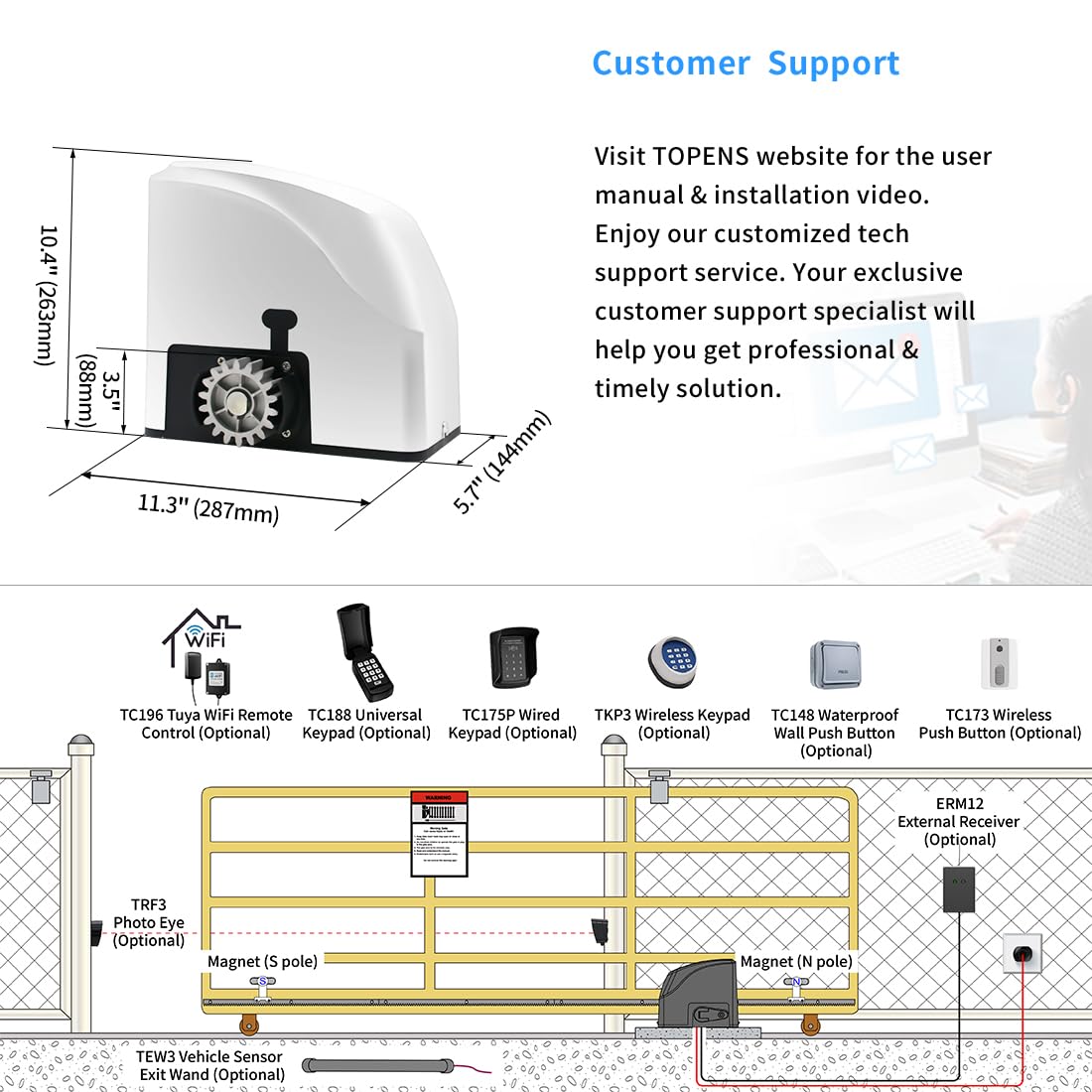 TOPENS RK500T Automatic Sliding Gate Opener Rack Drive Electric Gate Motor for Heavy Driveway Slide Gates Up to 1300 Pounds, Security Gate Operator AC Powered with Nylon Gear Rack and Remote Control