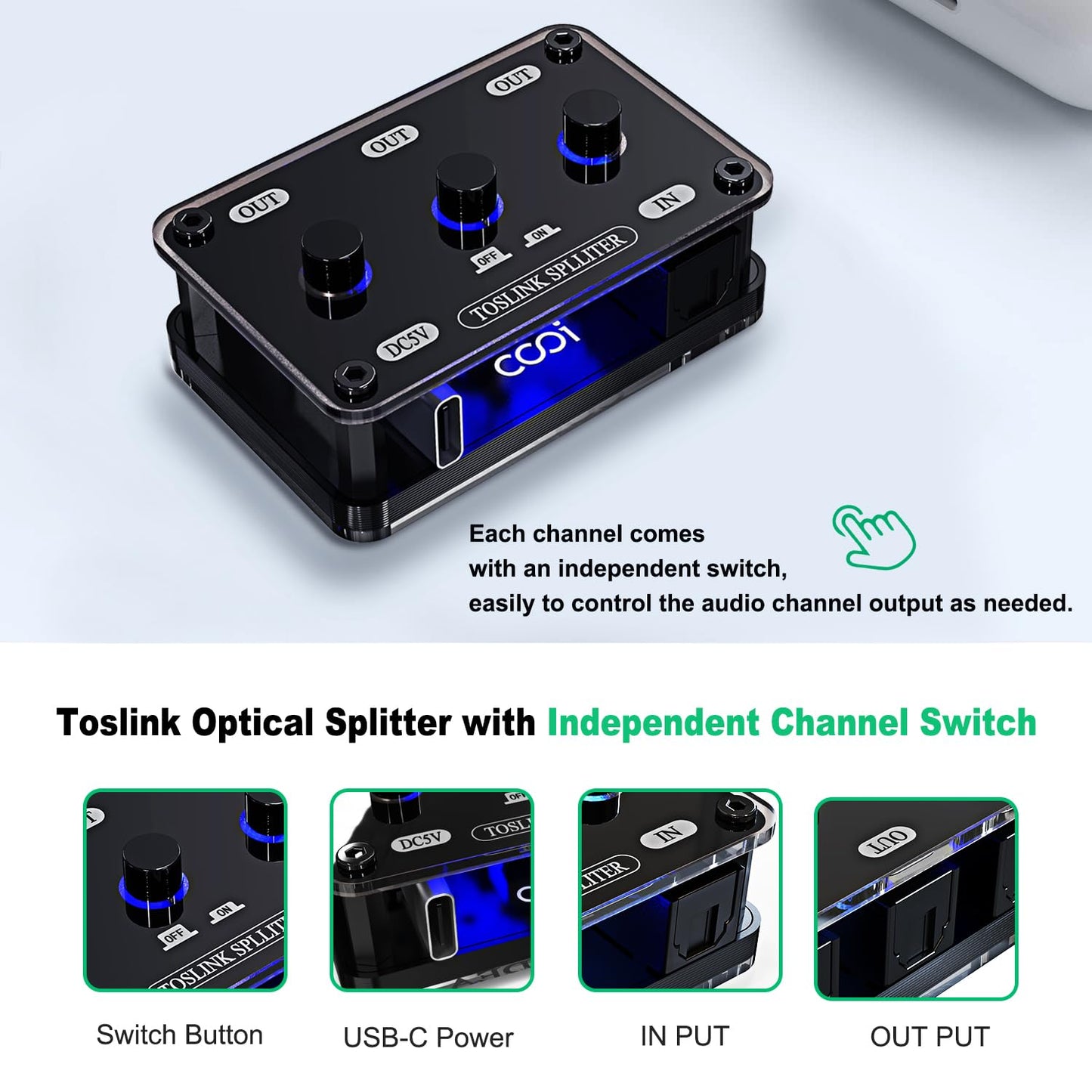 cooidea 1 3 192k/24Bit LPCM2.0/DTS/Dolby-AC3 5.1 Digital Optical Audio Splitter in Out SPDIF Toslink Optical Splitter
