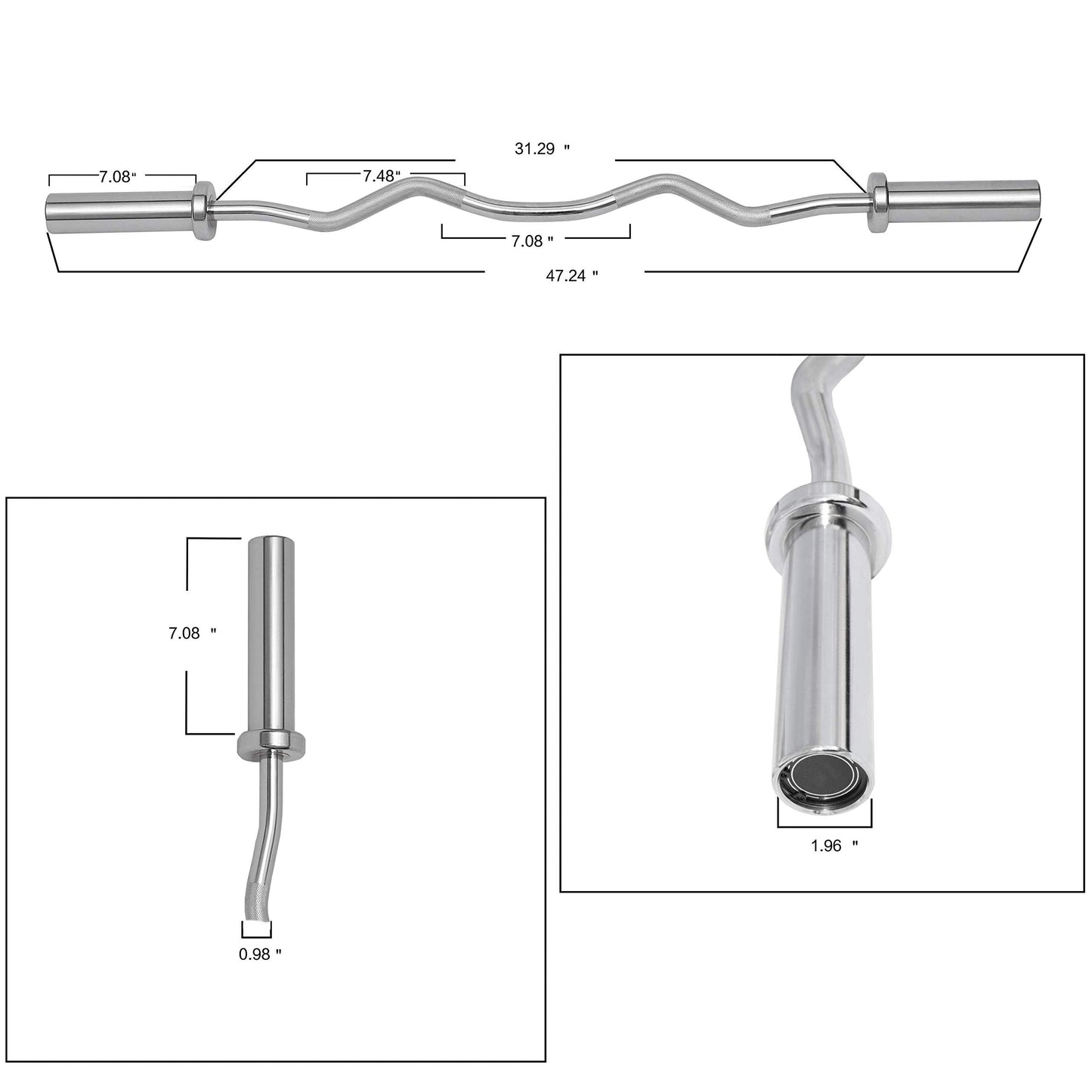 Signature Fitness Powergainz Standard Olympic Super Curl Barbell Curl Bar Threaded Curl Bar, 48 inch, Chrome