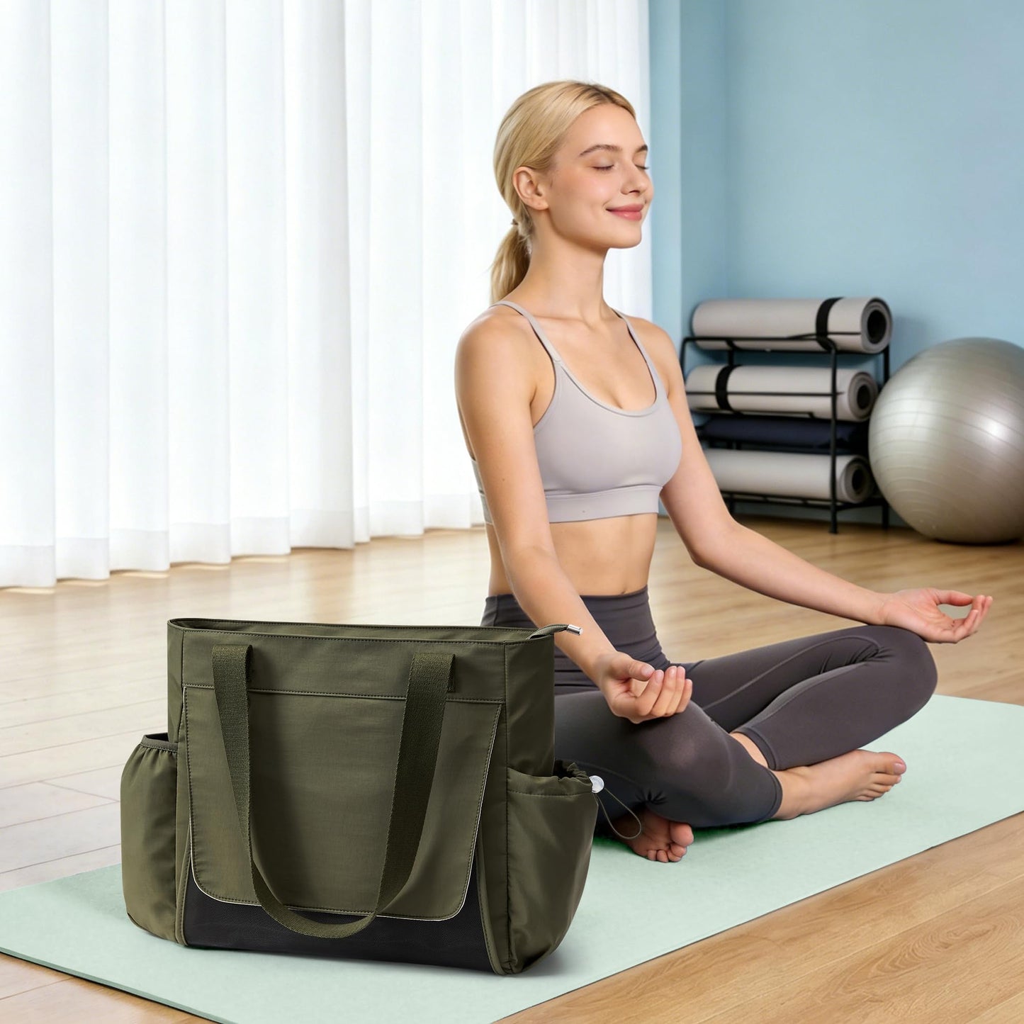 WLLWOO Gym Tote Bag Thick Yoga Mat Bag with Breathable Mesh Holder Carryall Waterproof Wet Pocket for Pilates Travel Beach Workout Women