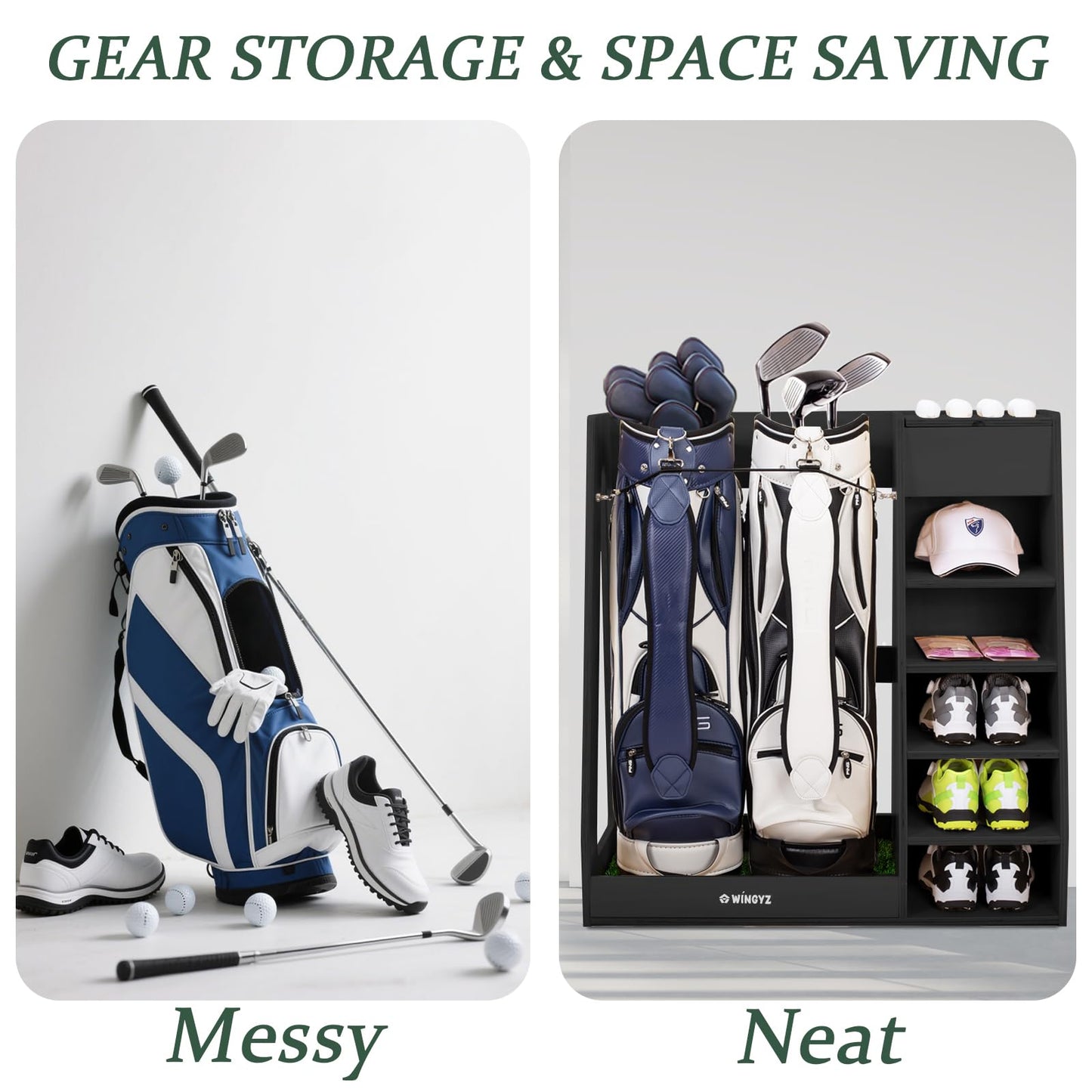 WINGYZ Premium Birch Plywood Golf Bag Storage for 2 Bags | 36lb Rock-Solid Golf Bag Organizer | 7-Shelf Command Center | Artificial Turf 12-Ball Display | No Wall Mounting Required (Black)