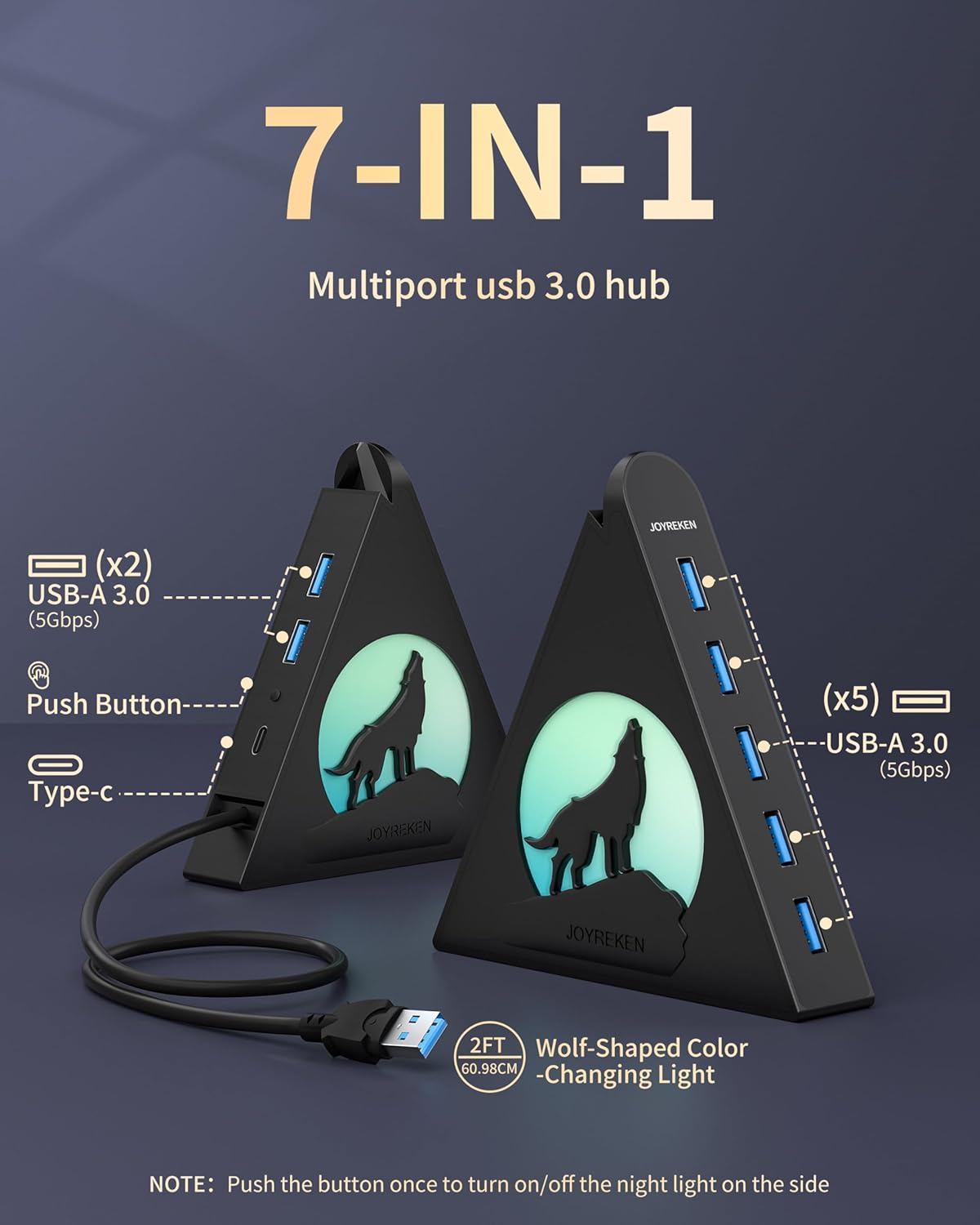 JoyReken 7-Port 3.0 Lighting,5Gbps 2FT PS5, USB Hub, Vertical USB Hub Splitter with RGB High-Speed Data Transfer