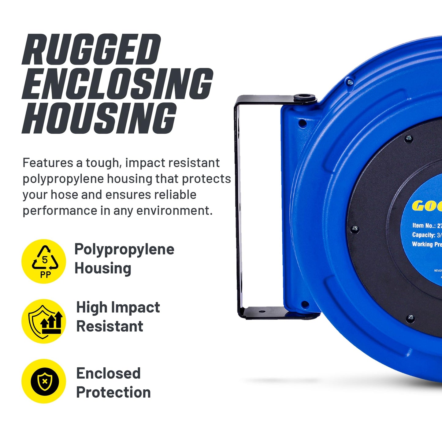 Goodyear Air Hose Reel Retractable 3/8" Inch x 65' Feet Premium Commercial Flex Hybrid Polymer Hose Max 300 Psi Heavy Duty Spring Driven Polypropylene Construction w/Lead-in Hose and PVC Handle