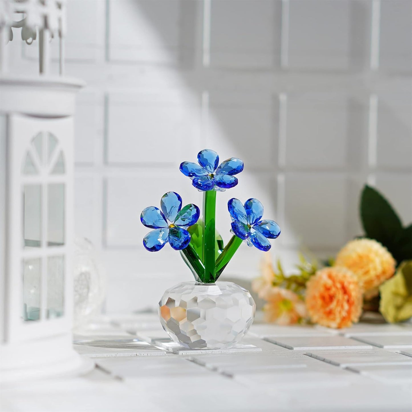 QFkris Crystal Flower Figurines - Forget-Me-Not Blue Flowers | Elegant Table Decor & Souvenir Gift