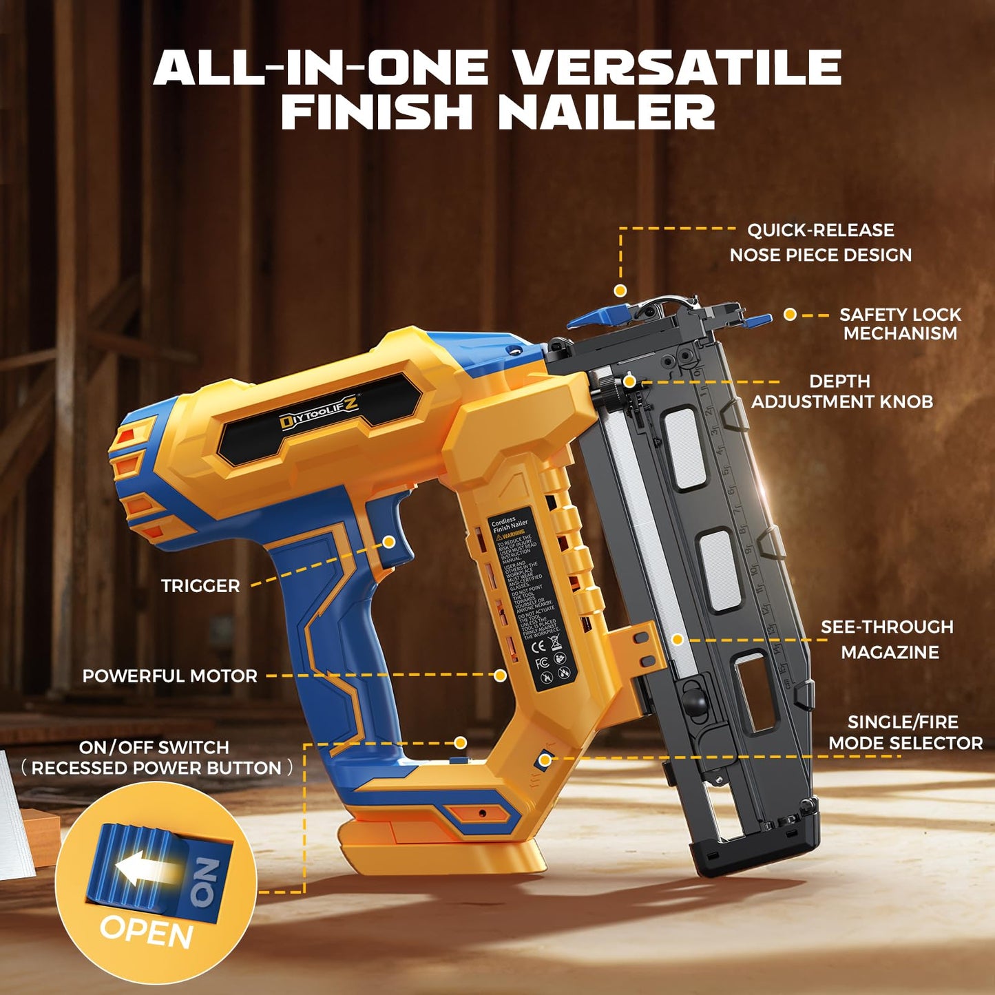 Cordless 16GA Finish Nailer Compatible with Dewalt Battery, 3/4 to 2-1/2 Inch Straight Power Motor Tool 20V,Tool-Free Adjustment, Dual Firing Modes Brad Nail Gun for Finish Work, Tool Only, 5.7LBS