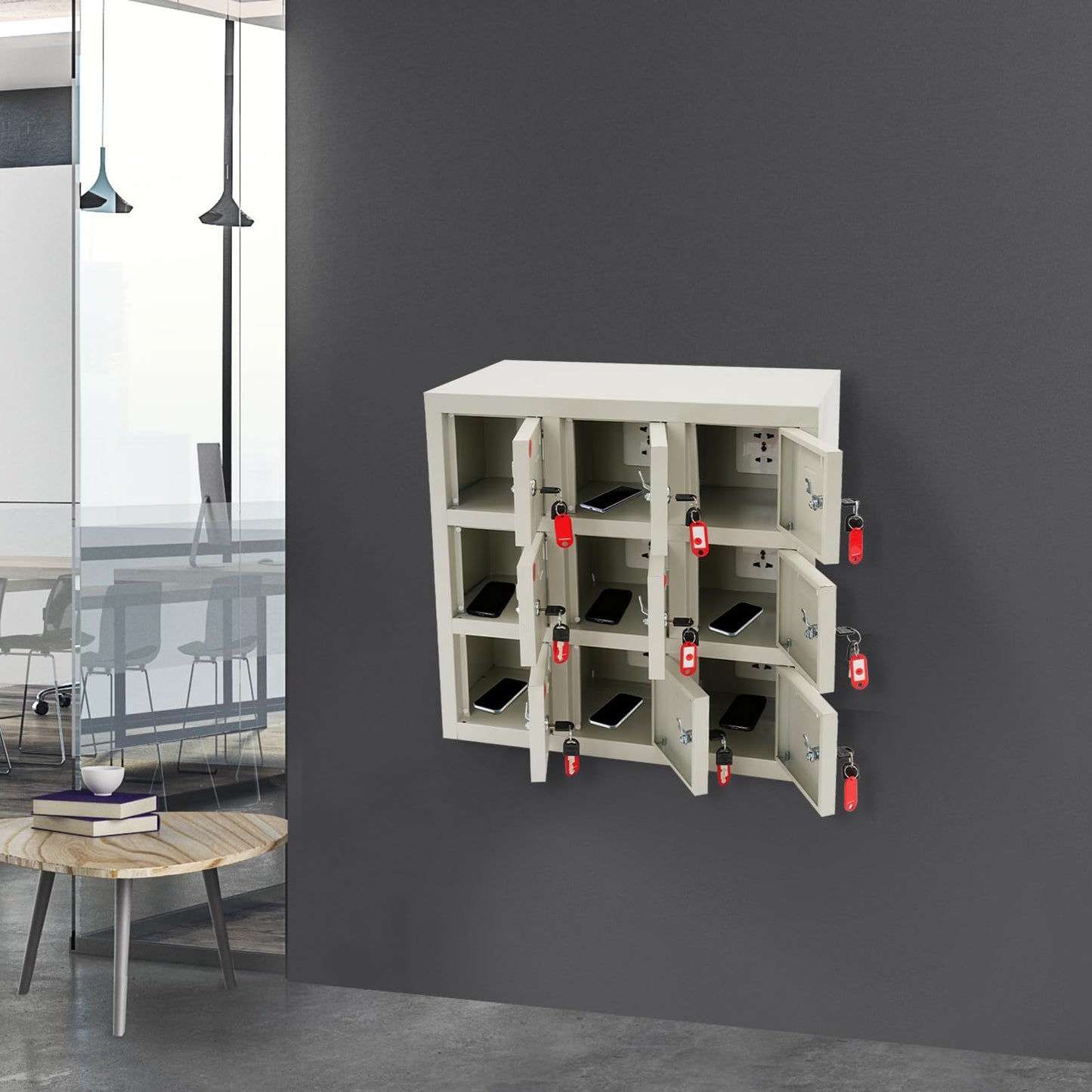 QUEWATSA 9 Slots Cell Phone Locker, Cell Mobile Phone Steel Locker, Cell Phone Locker with Charging Station, Rechargeable Mobile Phone Storage Cabinet with Individual Charging Outlets