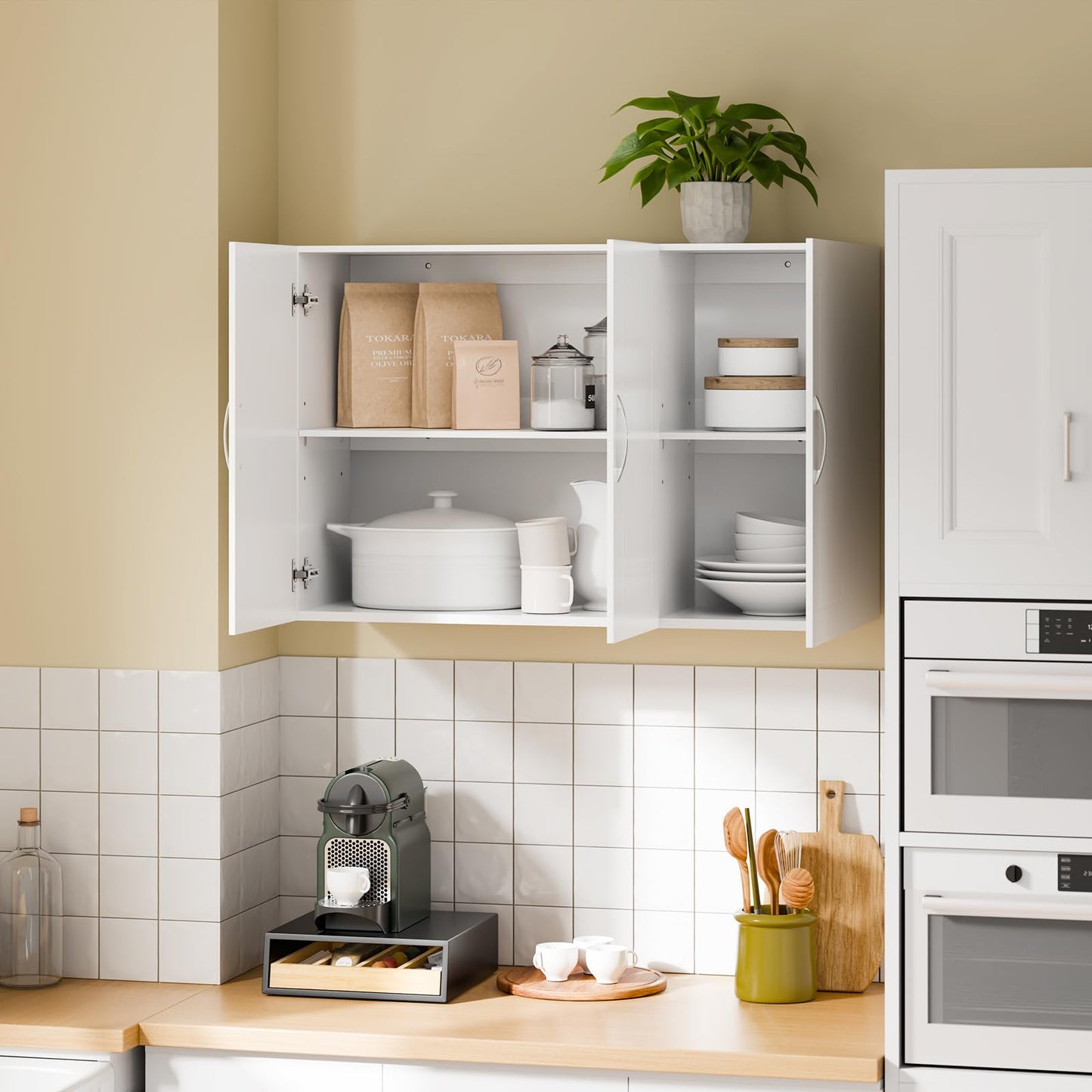 SoBuy Wall Cabinet Laundry Room, Medicine Cabinet for Kitchen Bathroom Garage, Wall Storage Cabinet with Adjustment Shelves, White FRG231-L-W