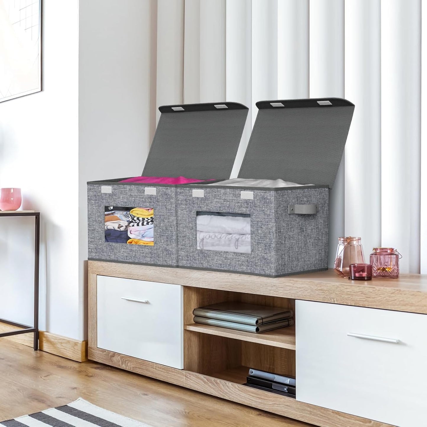 Univivi Foldable Storage Boxes - Large Collapsible Bins with Lids | 4-Pack Grey Organizers (17'' x 12'' x 12'')
