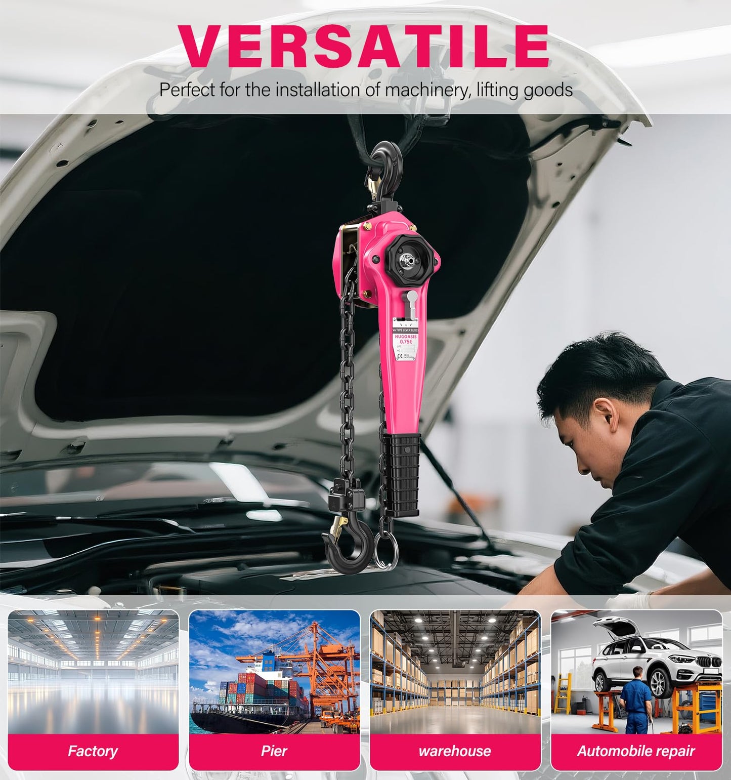 HUGOASIS Lever Chain Hoist 3/4 Ton 1650 Lbs Capacity 10FT Lift 2 Heavy Duty Hooks,Manganese Steel G80 Manganese Steel with Double-Pawl Brake Chain Come Along for Warehouse,Automotive,Garages,Pink