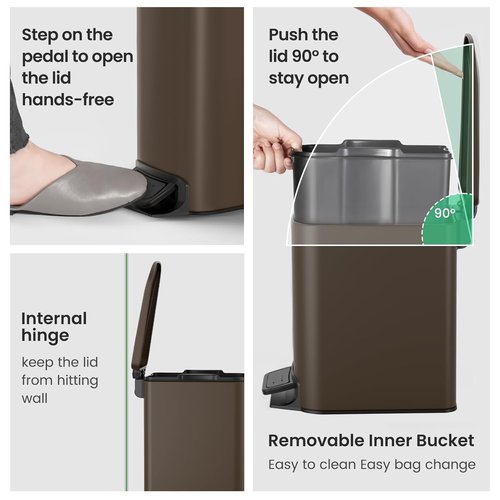 Cesun Stainless Steel Bathroom Trash Can - 6 Liter Soft Close Lid & Step Pedal | Anti-Fingerprint Finish (Brown)