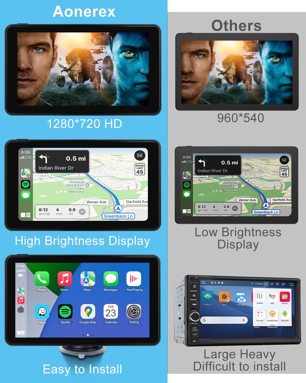 Aonerex 7" Wireless CarPlay Screen Android Auto for Car, Touch Screen Naivgation Portable Car Stereo CarPlay Bluetooth