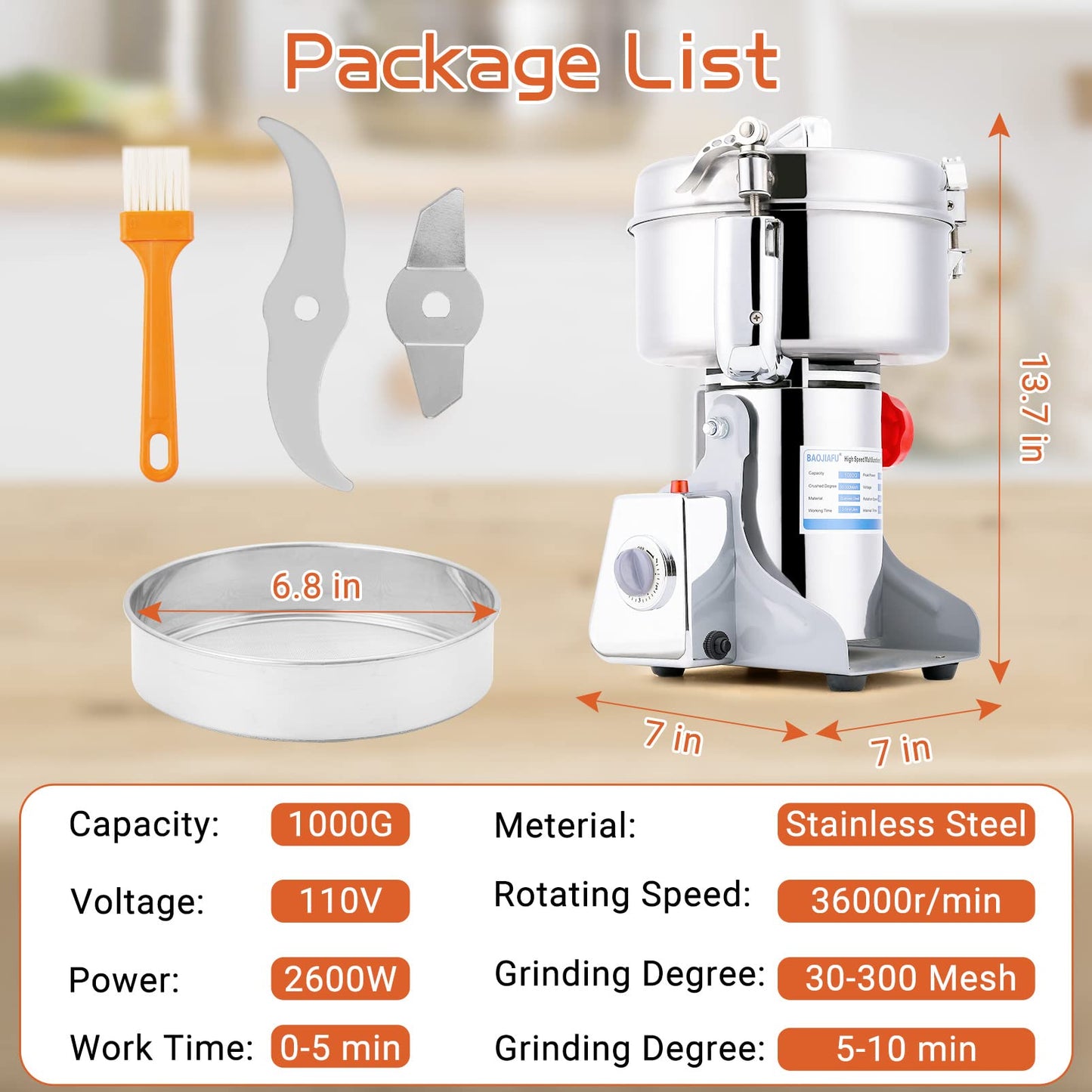 BAOJIAFU Electric Grain Mill 1000g High-speed Grain Spice Herb Grinder 2600W Dry Grinder Machine 304 Stainless Steel Superfine powder High-speed Grain Mill 36000r/min for Kitchen Home and Commercial