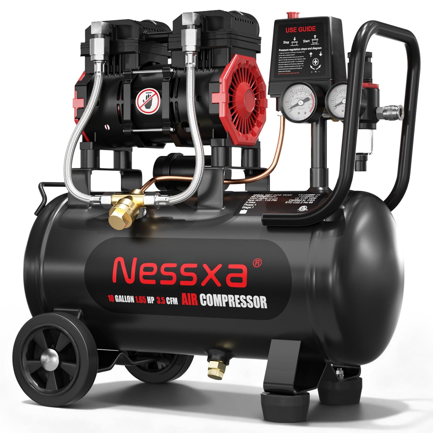 10 Gallon Ultra Quiet Air Compressor, Oil-Free Air Compressor Tank with Two Quick Couplers, 2HP 8.76 CFM@115PSI Pressure 70dB Electric Air Compressor for Woodwork Nailing, Garage, Auto Repair
