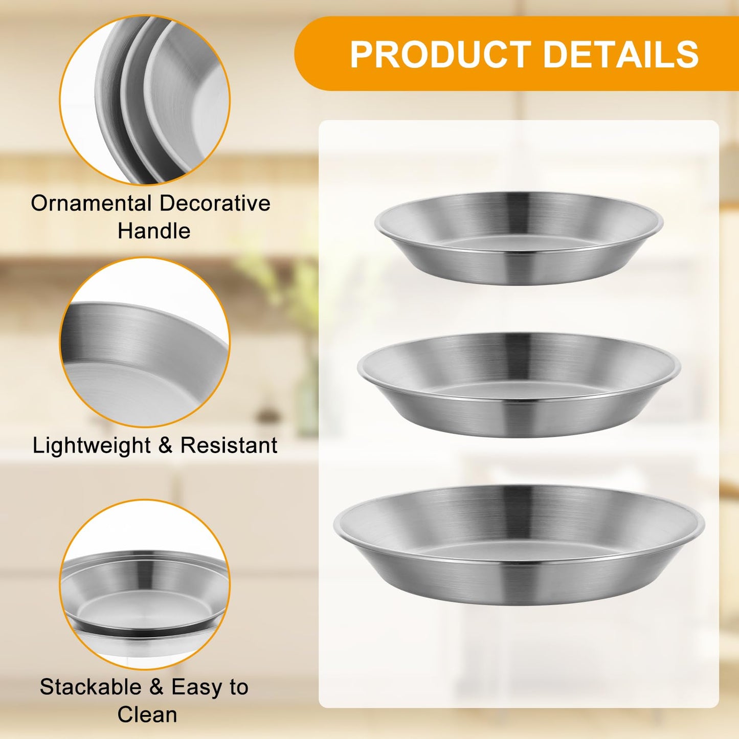 Tobeelec 3 Pcs Stainless Steel Pie Pan Set, Pizza Pan Deep Pie Dish Pie Plate Baking Tray Dishes for Pizza Baking Serving Oven Grill, 3 Sizes
