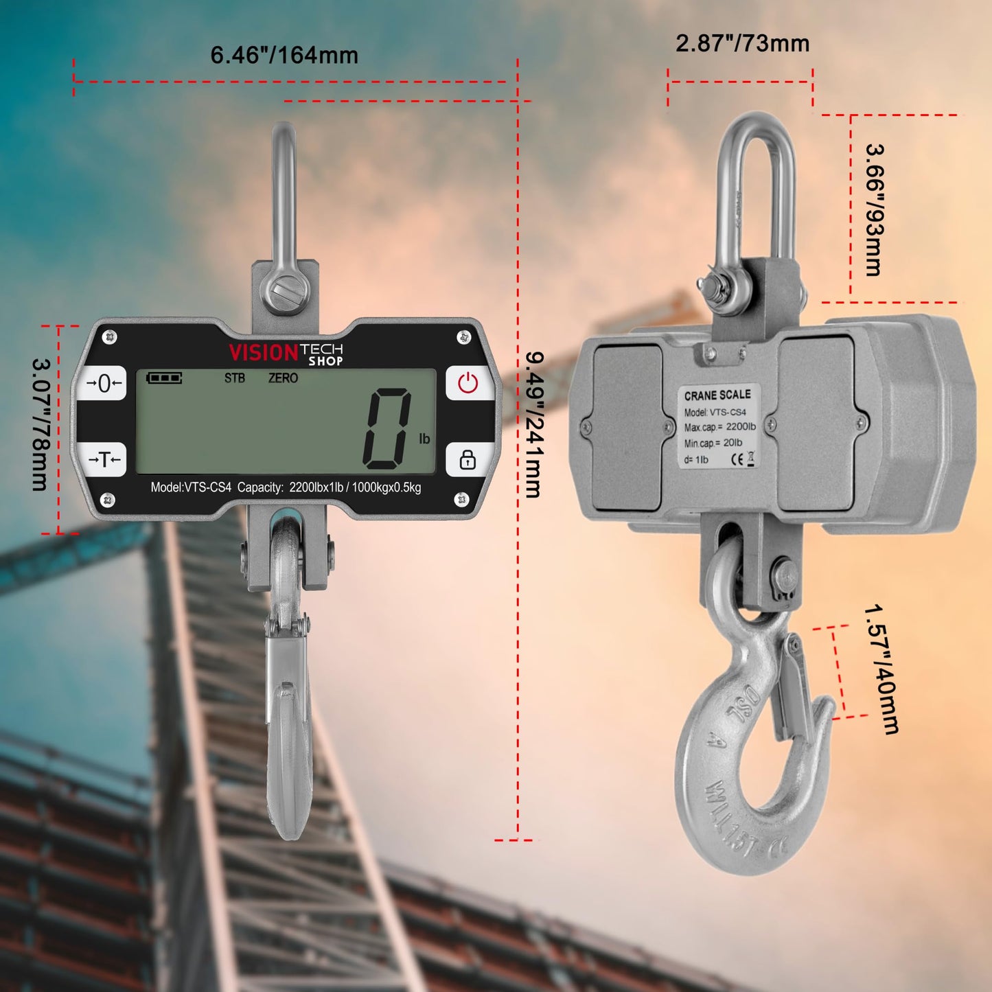 VisionTechShop Digital Crane Scale, VTS-CS4 2200lb/1000kg Heavy Duty Compact Hanging Industrial Scale with Remote Control, Large LCD Display, Backlight for Farm, Factory, Construction