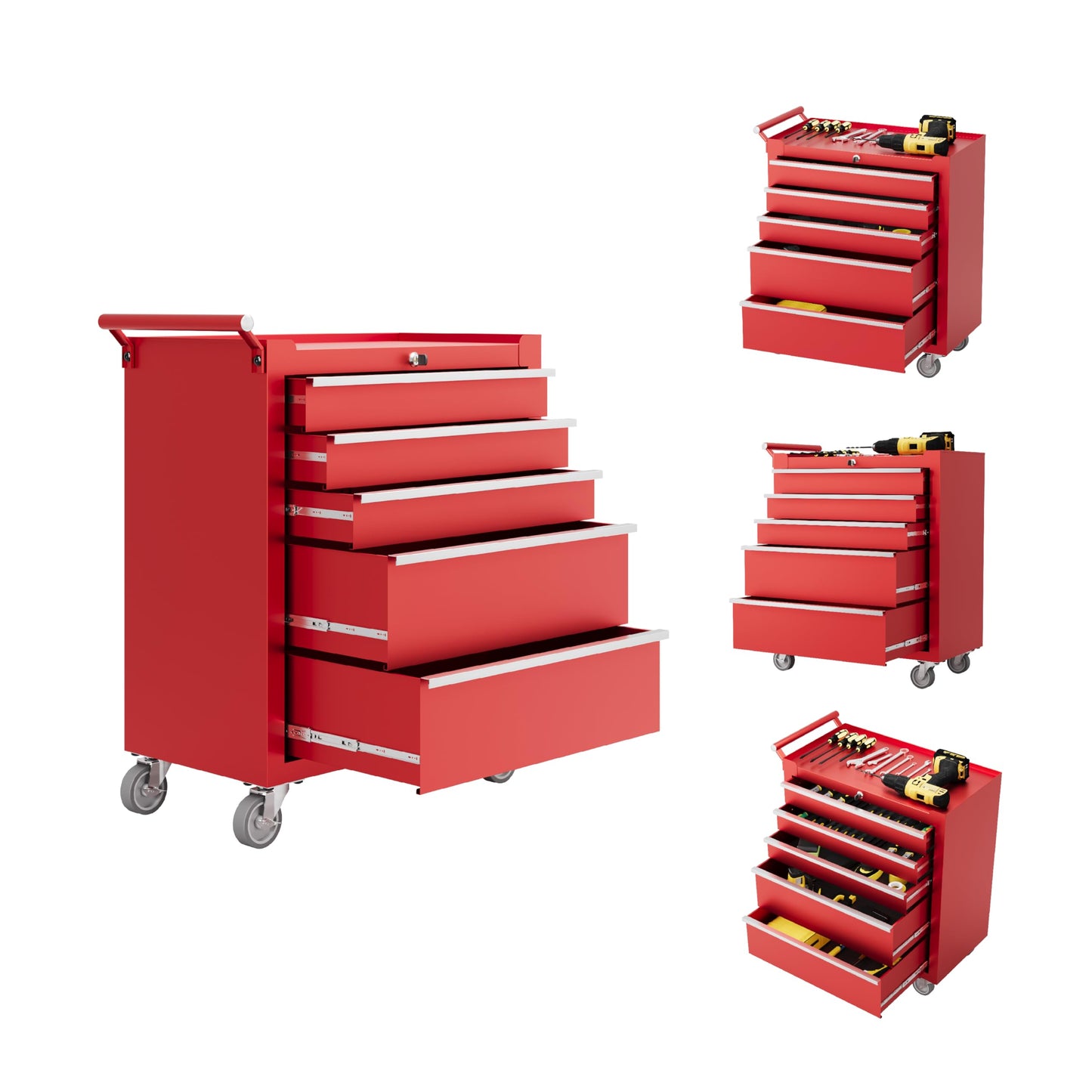 PeakPursuit 5-Drawers Rolling Tool Chest, Portable Tool Box with Wheels and Lock System, Secure Storage Cabinet for Warehouse, Workshop, and Repair Shop, Red