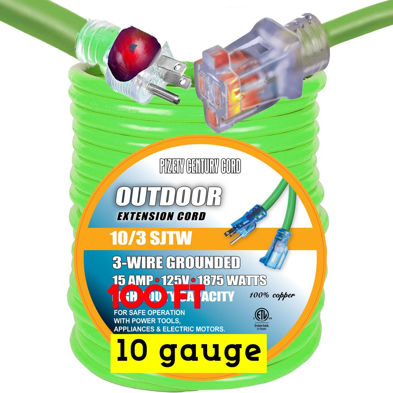 pizety 100 ft 10 Gauge Extension Cords 10 3 Contractor Grade 100 feet 10 Gauge Power Extension Cord 10/3 Plug Extension Cord with Lighted Ends (100 ft 10 Gauge Green Waterproof Extension Cord