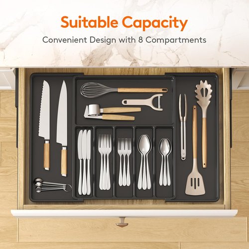 Lifewit Silverware Drawer Organizer, Expandable Utensil Tray for Kitchen, BPA Free Flatware and Cutlery Holder, Adjustable Plastic Storage for Spoons Forks Knives, 15- 27 x 18.5", Black