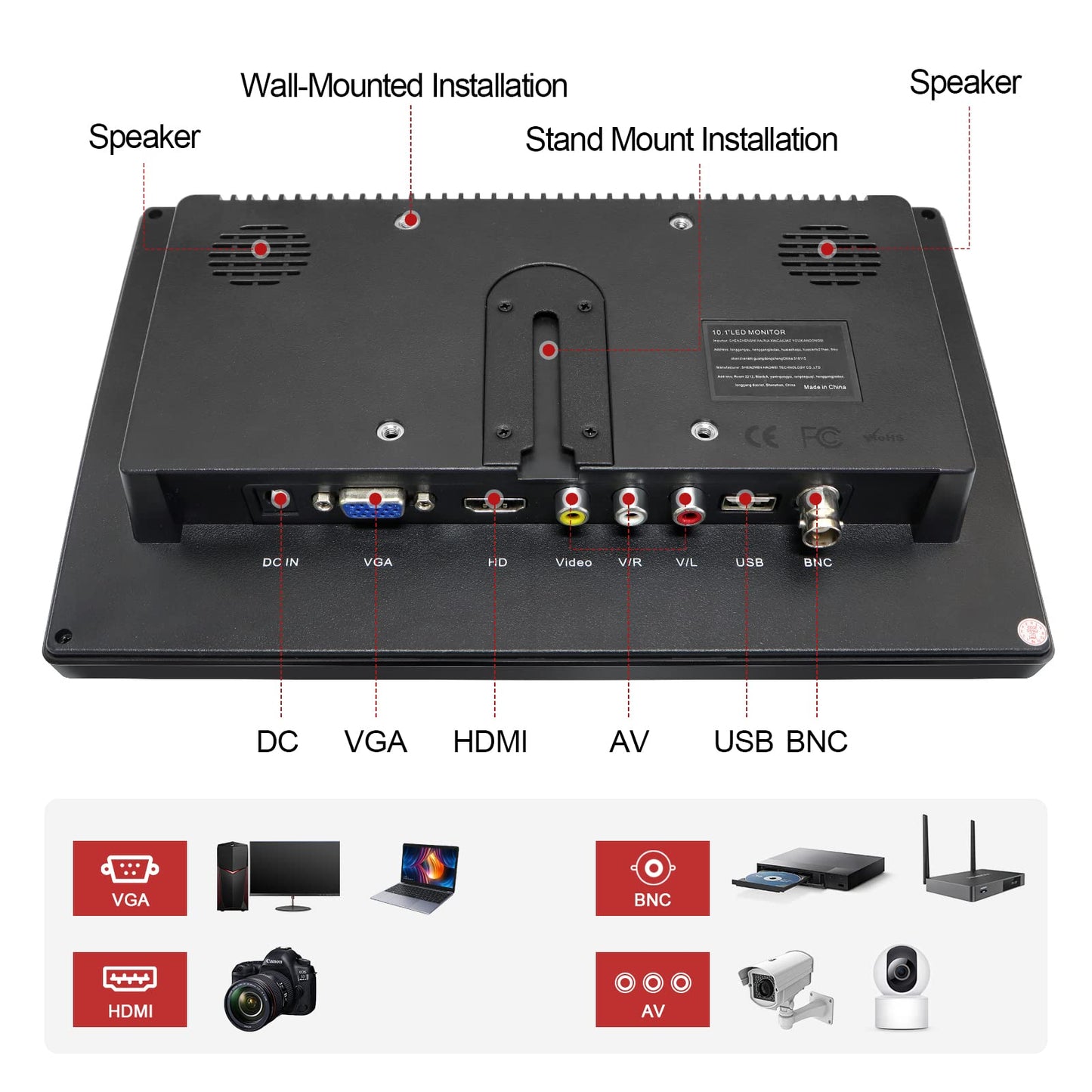 WHOLEV Security Monitor 10.1" FHD CCTV PC Monitor with VGA HDMI BNC AV USB Input Built-in Speaker 178 Wide Angle for Raspberry Pi Game Computer