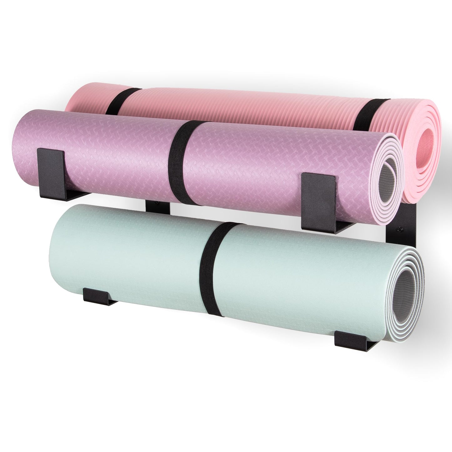 RoakyRoasy Yoga Mat Holder with Protective Padding Wall Mount Steel Storage Rack, 2 Tier Adjustable Width Hanger for up to 4 Foam Rollers, Easy Installation