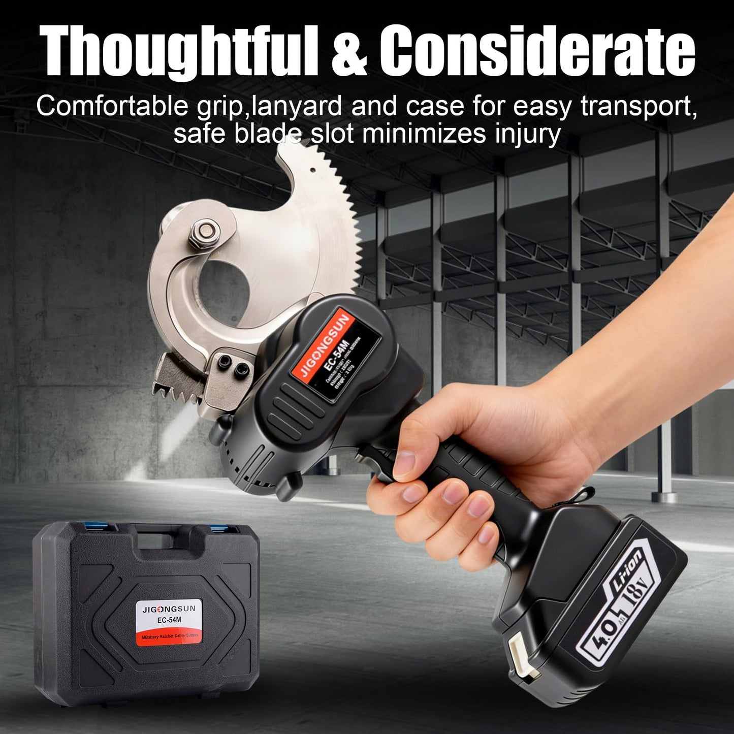 JIGONGSUN 18V Pro Battery Cable Cutter for 1000 MCM Copper / 1250 MCM Aluminum - Heavy Duty Ratcheting Wire Cutters with Alloy Steel Blades, Anti Slip Grip