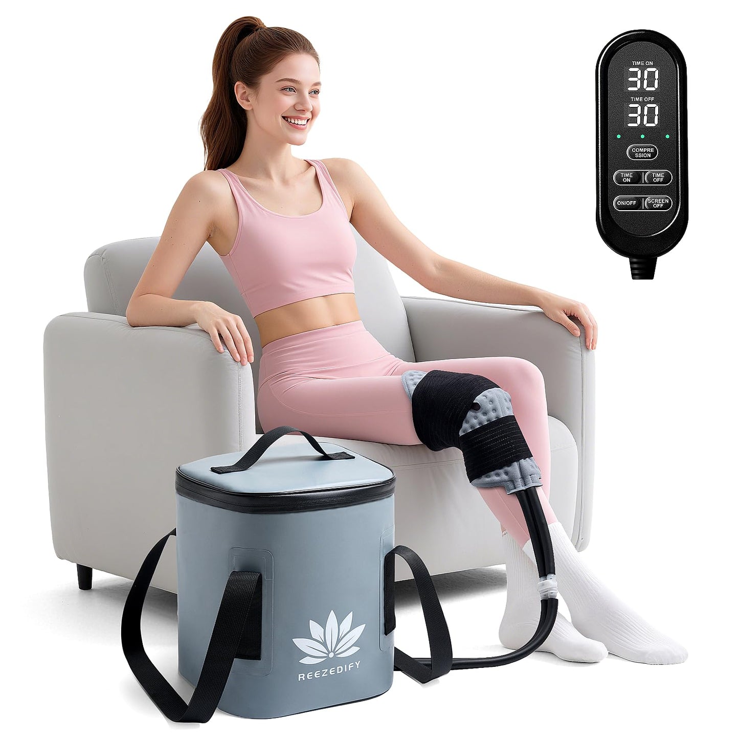 Reezedify Ice Machine for Knee Shoulder Hip After Surgery w/Compression, Cold Therapy Machine for Knee Replacement, Cryotherapy for Post Surgery Recovery, Ice Therapy Pack Wrap for Injuries
