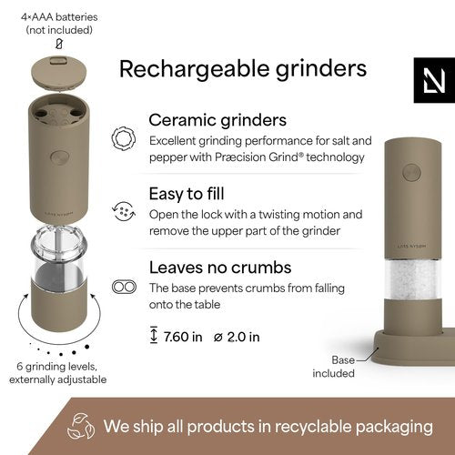 LARS NYSØM Electric Salt and Pepper Grinder Set I Automatic Salt and Pepper Mills with Adjustable Ceramic Grinder I AAA-Battery Operated Electric Spice Mill Set (Taupe Brown)