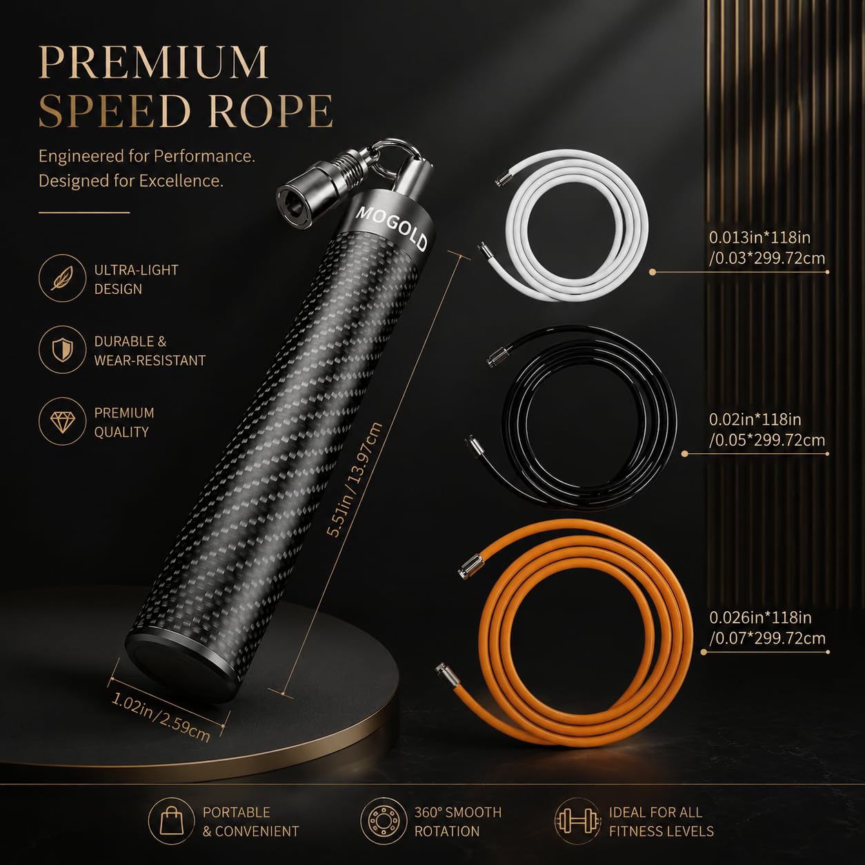Mogold Weighted Jump Rope for High-Intensity Training, Muay Thai & MMA Workouts Heavy Jumping Ropes for Fitness Carbon Fiber Handle Adjustable Length 3 Meters 1/5 +1/4lb+1/2lb PVC Steel Wire Rope