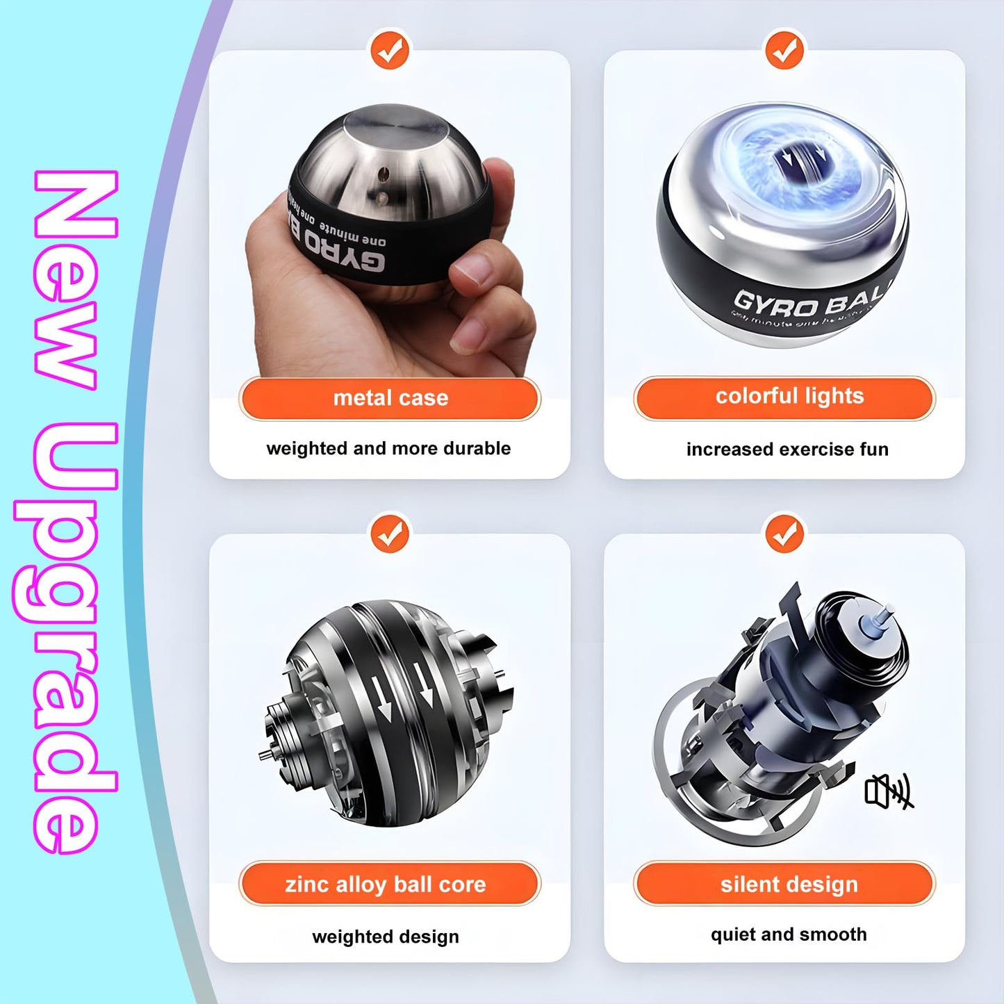 EXBEPE Metal Torque Ball with Light, Weighted Auto-Start Gyro Ball Hand Wrist Forearm Trainer and Strengthener for Exercise Joint and Muscle with Bag