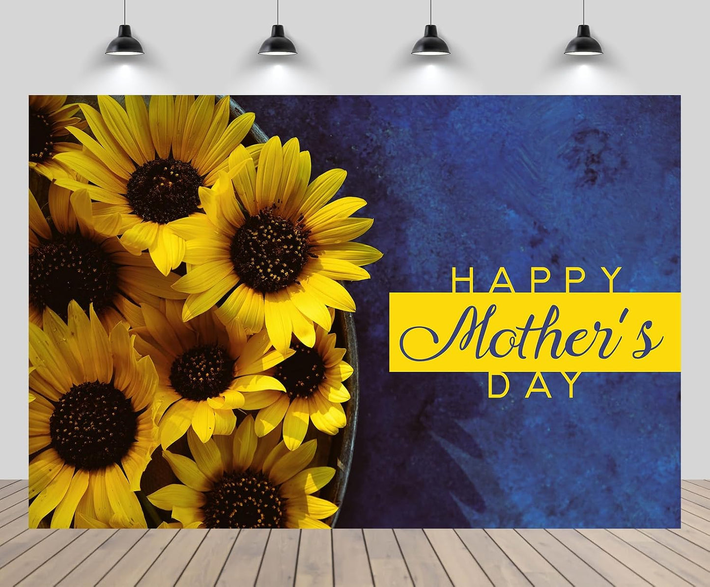CHNYWORK 8ftx6ft Happy Mother's Day Backdrop Bouquet of Sunflowers with Happy Mother's Day Greeting Words on A Blue