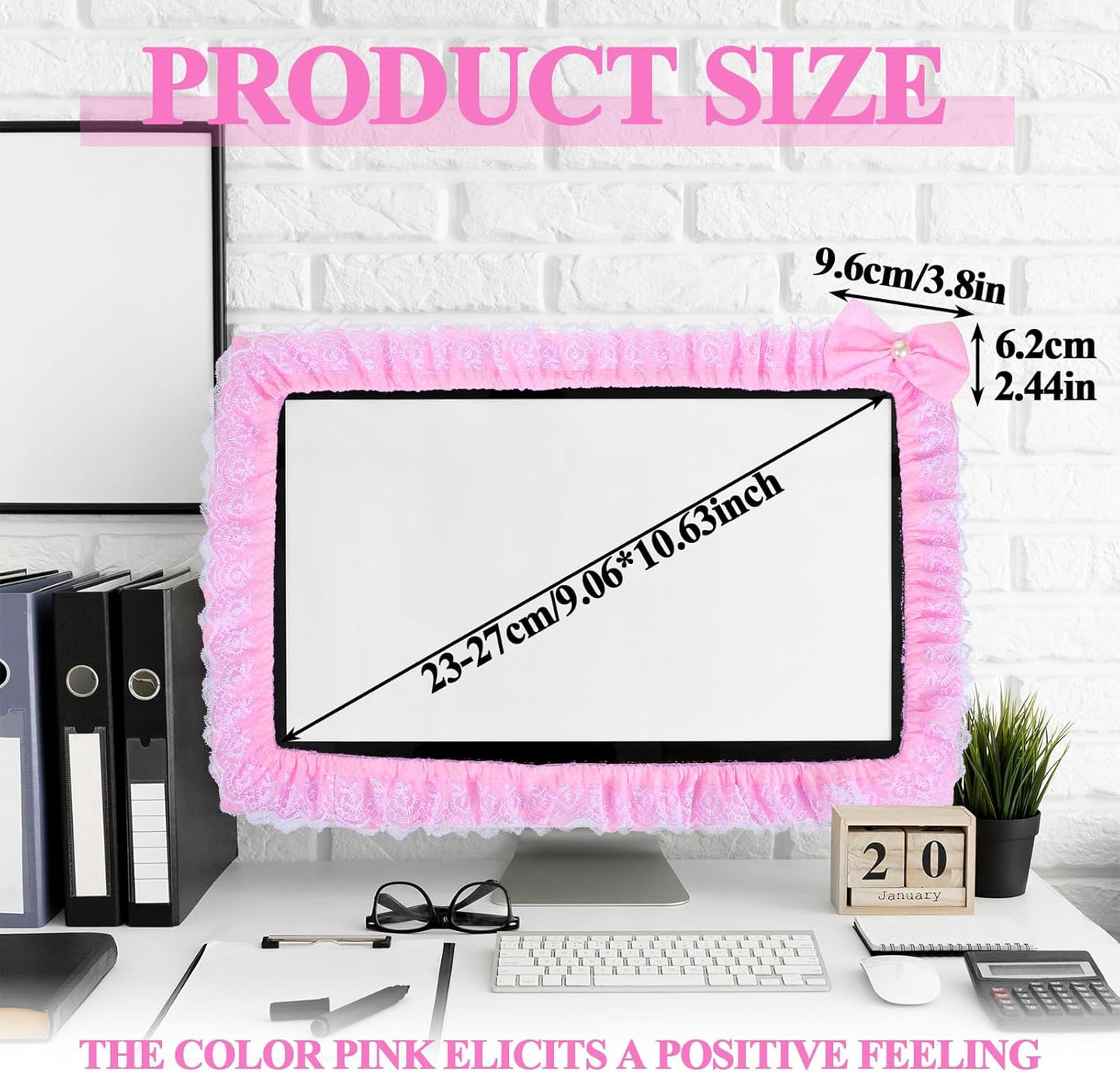 LLOUSSAK 23''-27'' Pink Monitor Cover, Cute Computer Monitor Covers with Bow-Knot, Lace Fabric, Monitor Dust Cover, TV