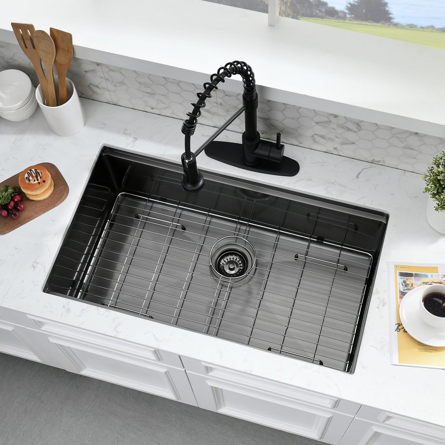 SOMRXO 28 Inch Undermount Kitchen Sink Black - 16 Gauge Black Satainless Steel Kitchen Sink Undermount 28x18,10 Inch Deep Single Bowl Workstation Sinks with Accessories