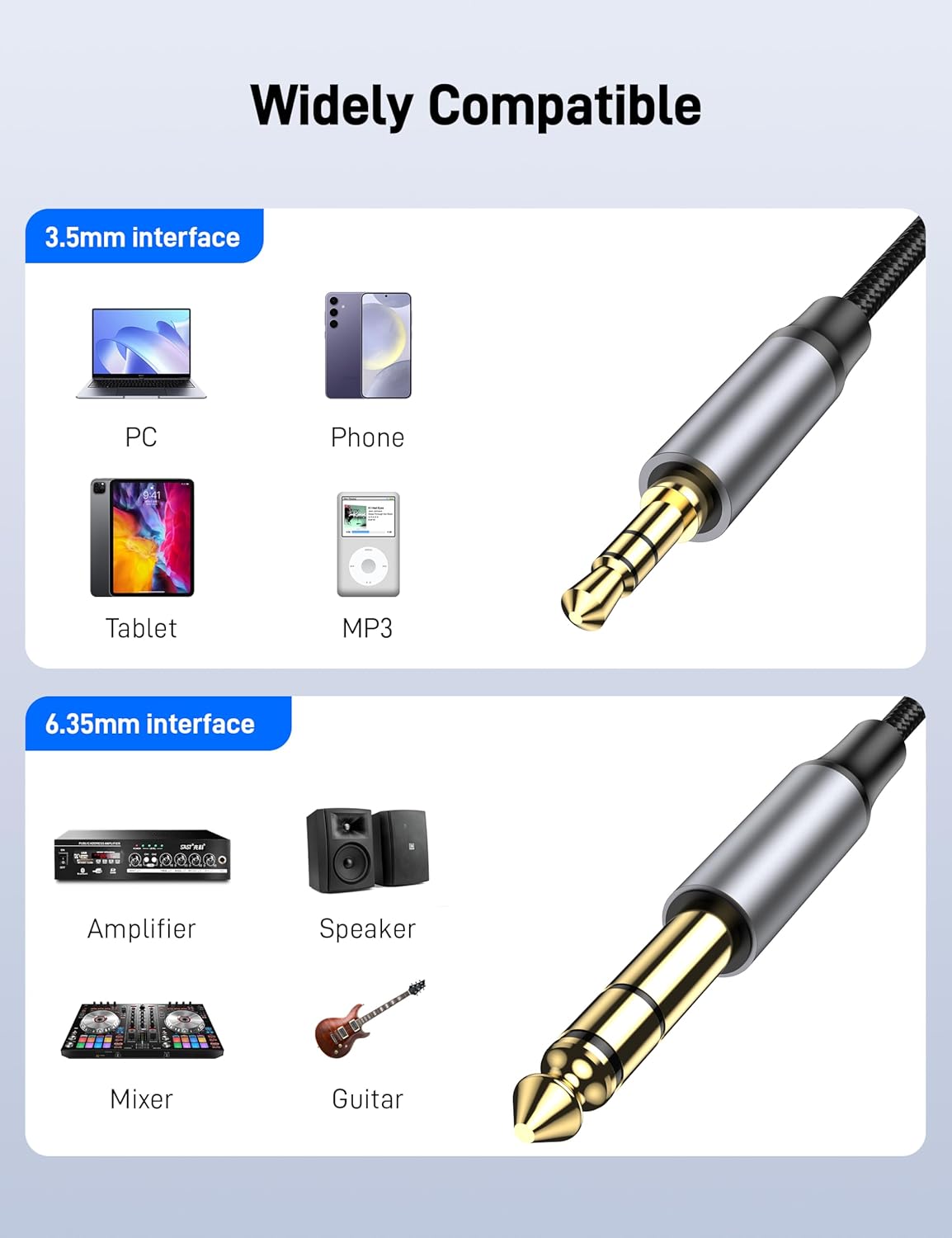 3.5mm 6.35mm 3.3FT, 6.35 1/4" 3.5 1/8" to Stereo Audio Cable Male to Male TRS Stereo Audio Cable for Guitar, Laptop
