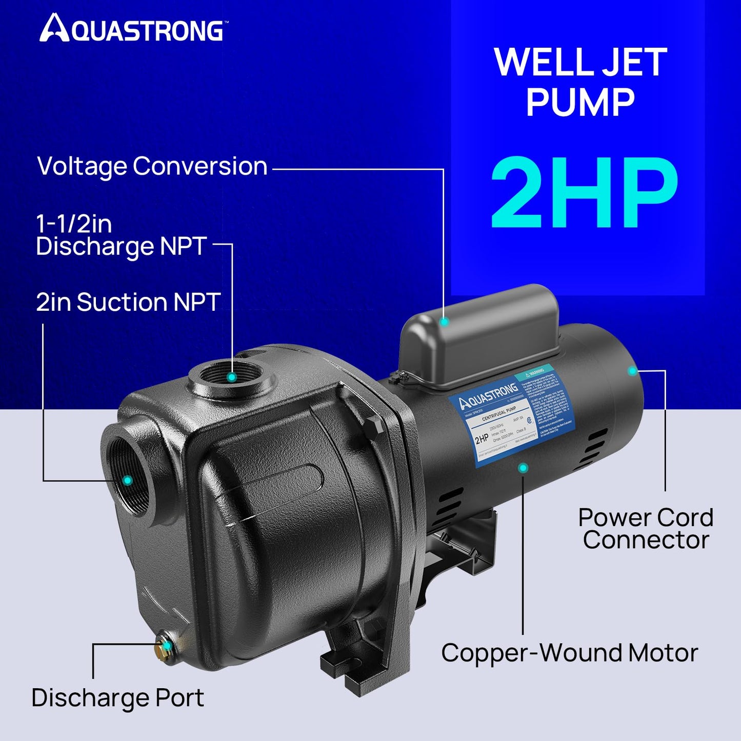 AQUASTRONG 2 HP Shallow Well Jet/Centrifugal Pump, 230V, 5200 GPH, Durable Cast Iron Booster Pump for Lawn Sprinkler, Garden Irrigation