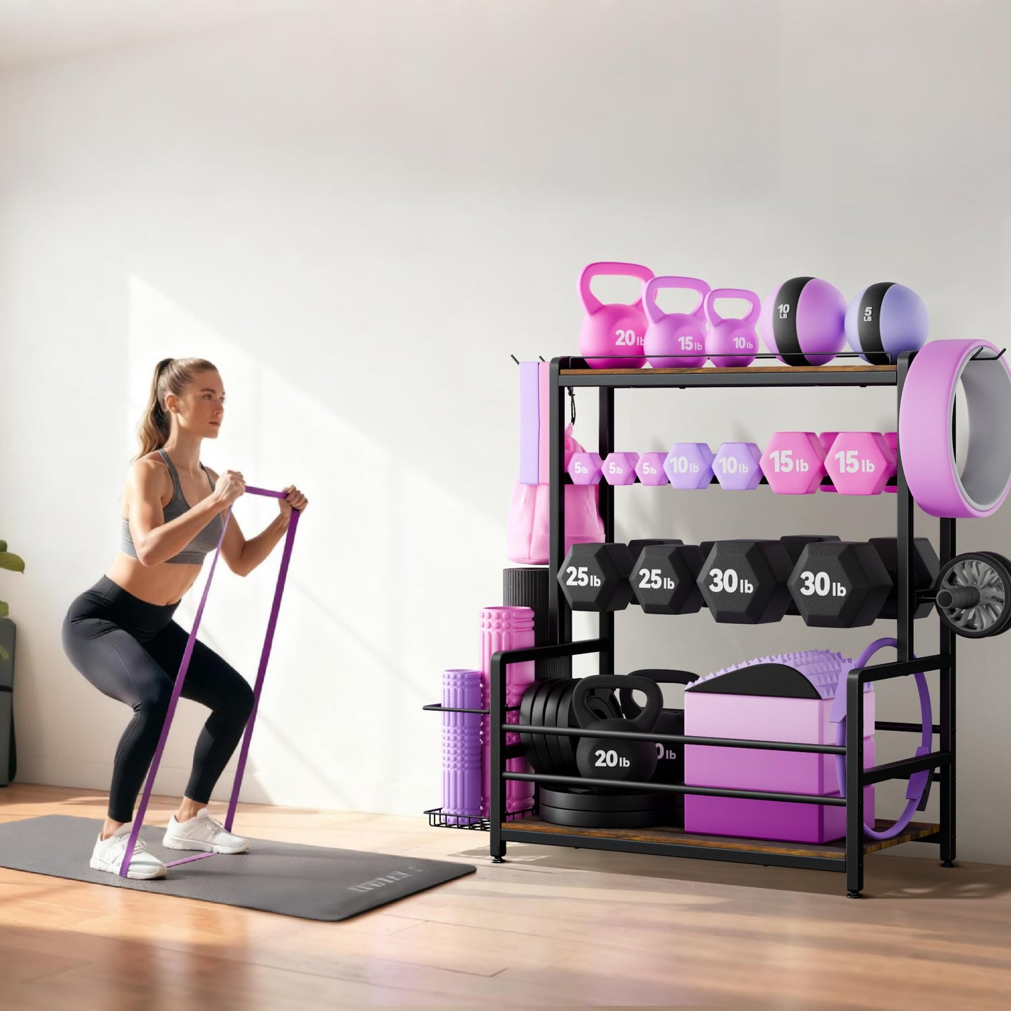 Gym Home Equipment Weight Rack – 3‑Tier Workout Storage Stand for Dumbbells & Kettlebells, Medicine Ball Holder, Steel Organizer with Side Basket, Hooks