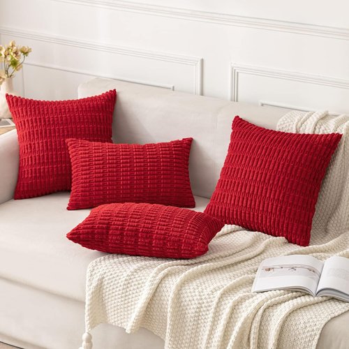 MIULEE Red Corduroy Decorative Pillow Covers - Soft Boho Striped 16x16 Inch for Modern Farmhouse Decor