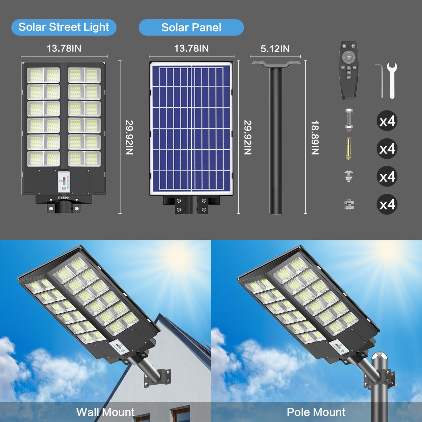 Deepn 8000W Solar Street Light, 480000 Lumens Dusk to Dawn LED Flood Lights Outdoor Motion Sensor, IP66 Waterproof Commercial Grade Solar Outdoor Lights with Remote Control for Parking Lot, 2 Pack