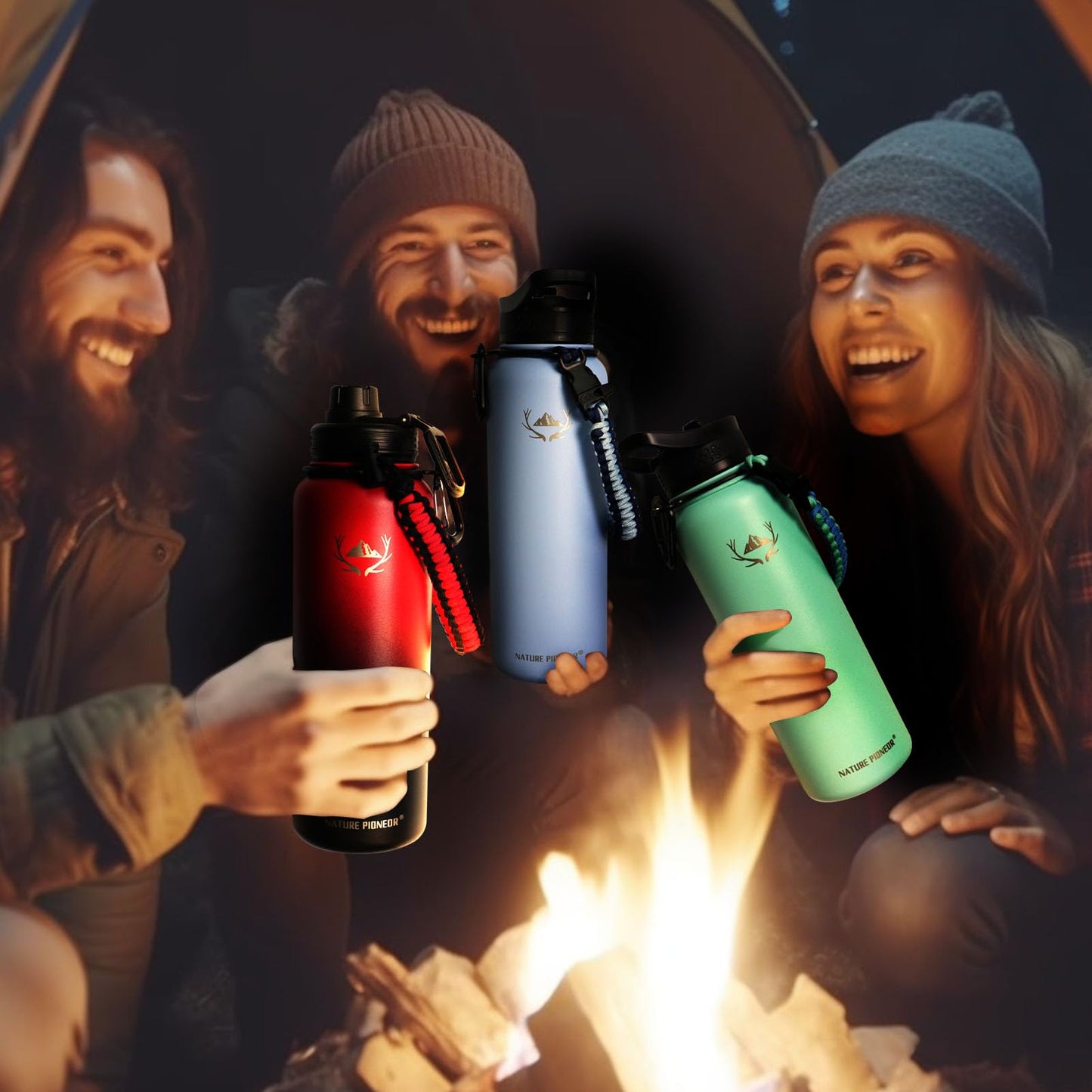 NATURE PIONEOR Insulated Water Bottles with Paracord Handle - 40 oz Vacuum Sports Wide Mouth Water Bottle with 3 Lids, Leak Proof Stainless Steel Keeps Hot and Cold