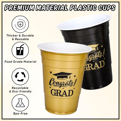 FYSUIMU 16Oz Graduation Cups - 100Pcs Gold & Black Disposable Drinking Cups for Party Supplies
