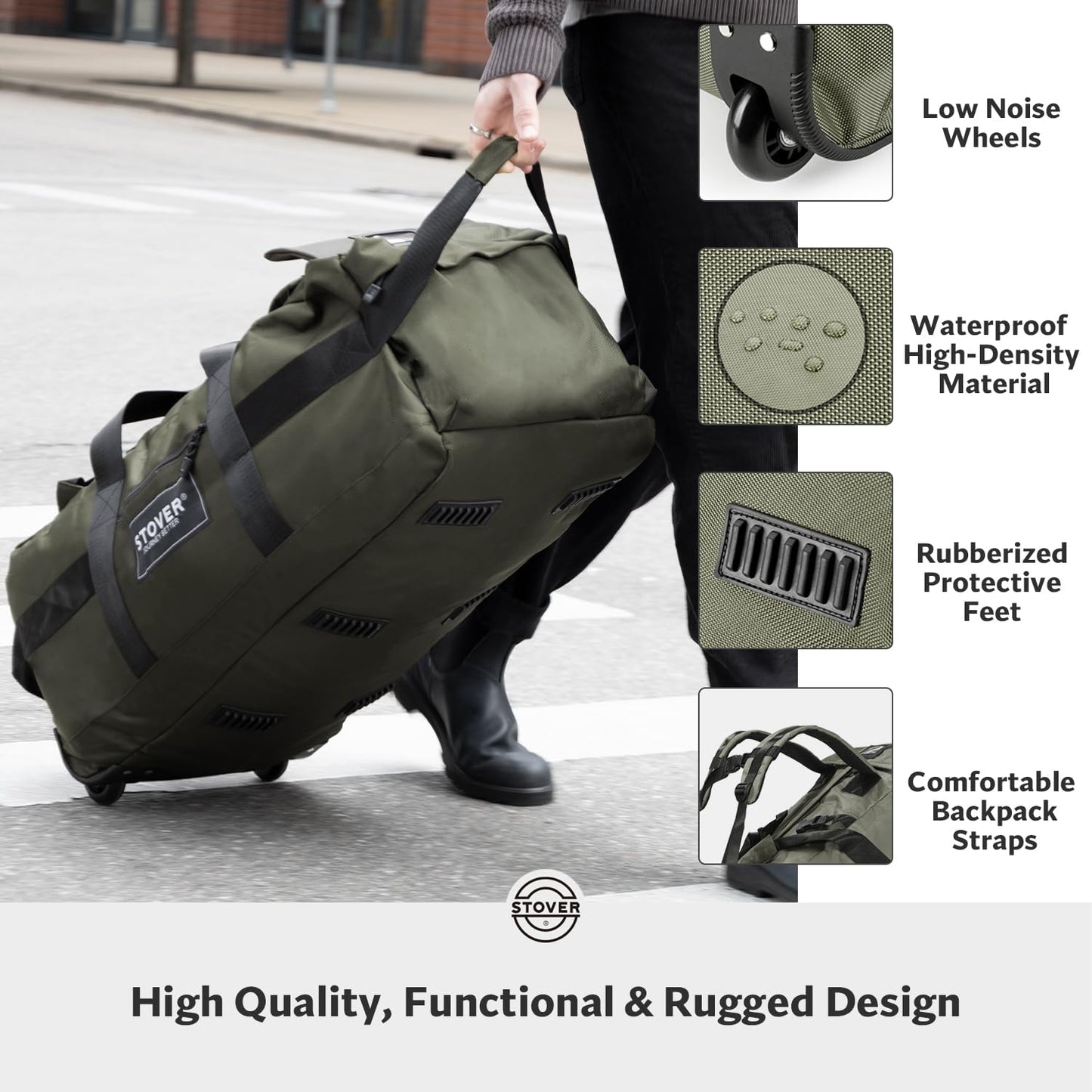 STOVER 45/80/100L Rolling Duffel Bag with Wheels, X-Large Durable Travel Duffle + Toiletry Bag, Heavy Duty, Packable with Shoulder Straps- Use as Luggage or Backpack, Men/Women (Green)