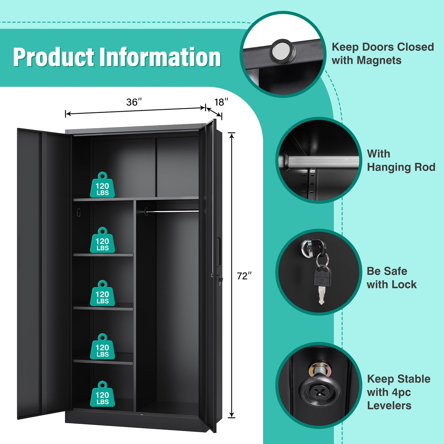 Wide & Deep Metal Storage Cabinet with Hanging Rod,Black Broom Closet Storage Cabinet with Lock,72" Tall Wardrobe Cabinets with Doors and Shelves,Locking Steel Tool Cabinets for Home,Office,Garage