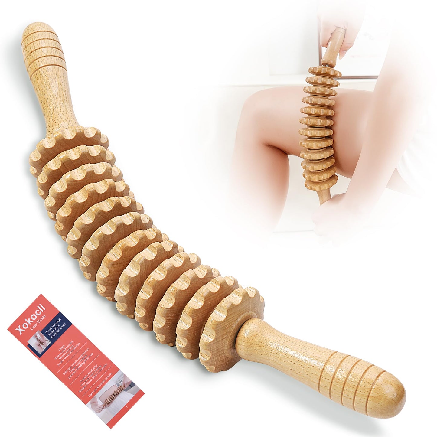 Xokocli Cellulite Massage Tool Deep Tissue Massage Stick Wood Therapy Massage Tools Fascia Blaster Lymphatic Drainage Massager for Legs Thighs Muscle Relief Recovery(White 12-Wheel)