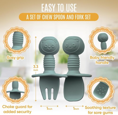 HippoBaby Silicone Baby Spoons Set - Self-Feeding Utensils for 6-12 Months - BPA Free, Dishwasher Safe | Light Pink & Army Green