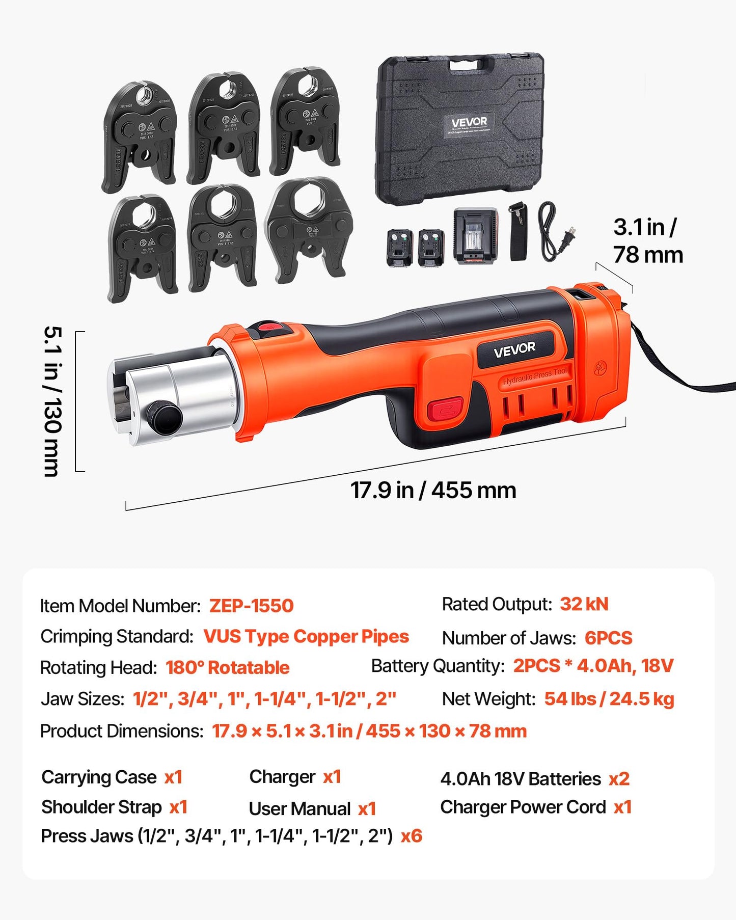 VEVOR Press Tool, 18V Electric Crimping Tool for 1/2", 3/4", 1", 1-1/4", 1-1/2", 2" Copper Pipes, 32KN Press Tool Compatible with ProPress - with 6 VUS Jaws, 2PCS 4AH Batteries, Charger & Toolbox